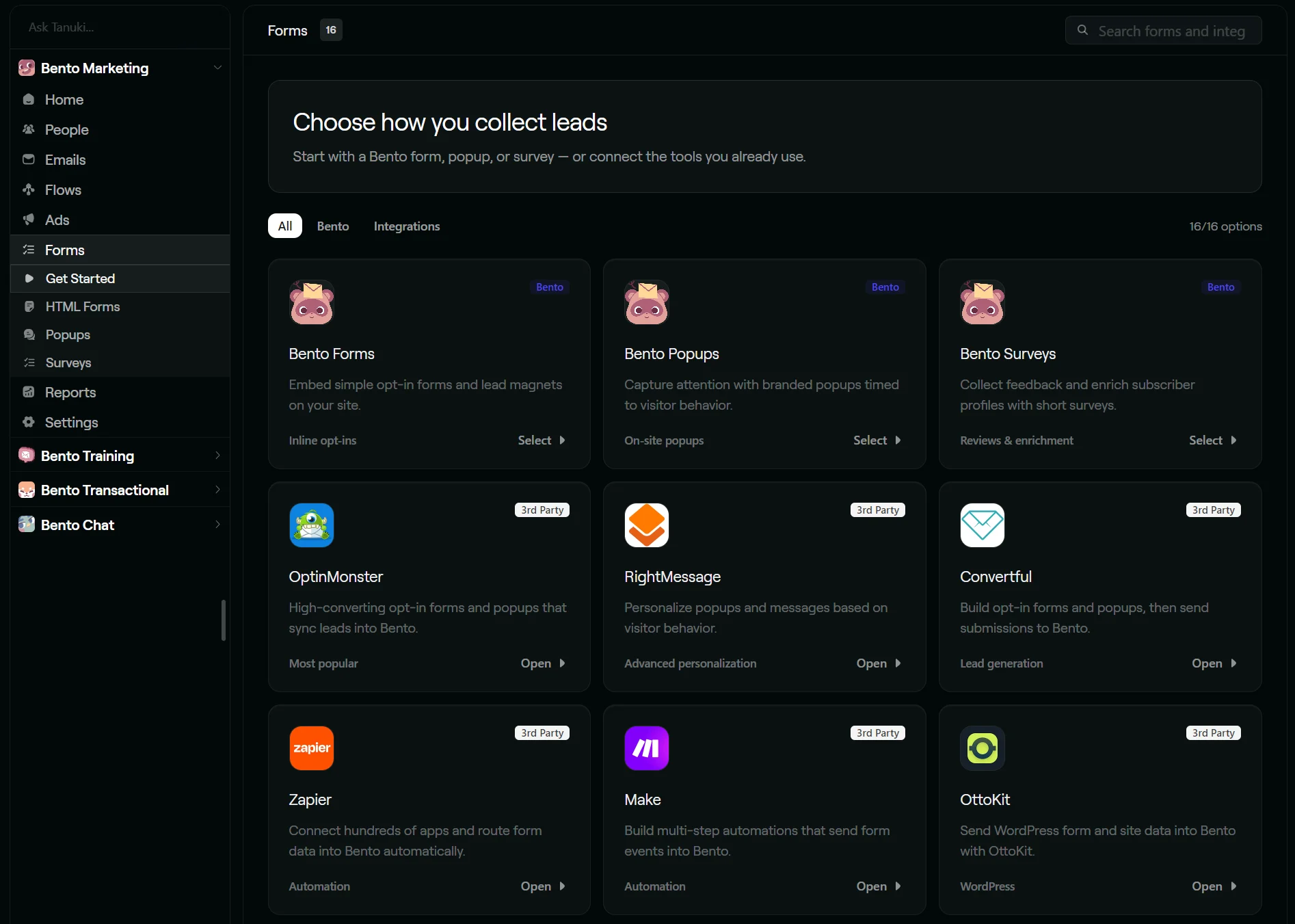 Dashboard showing options for collecting leads, including forms, popups, integrations, and automation tools.