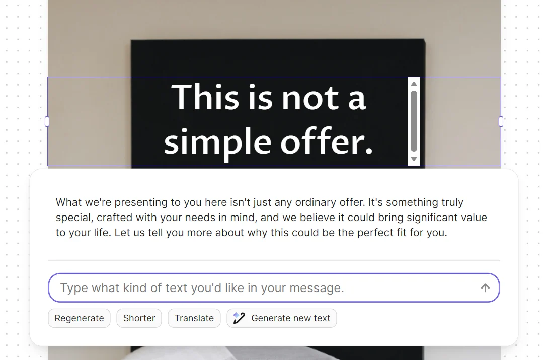 Text on screen reads This is not a simple offer. with additional marketing text and a message input box below.