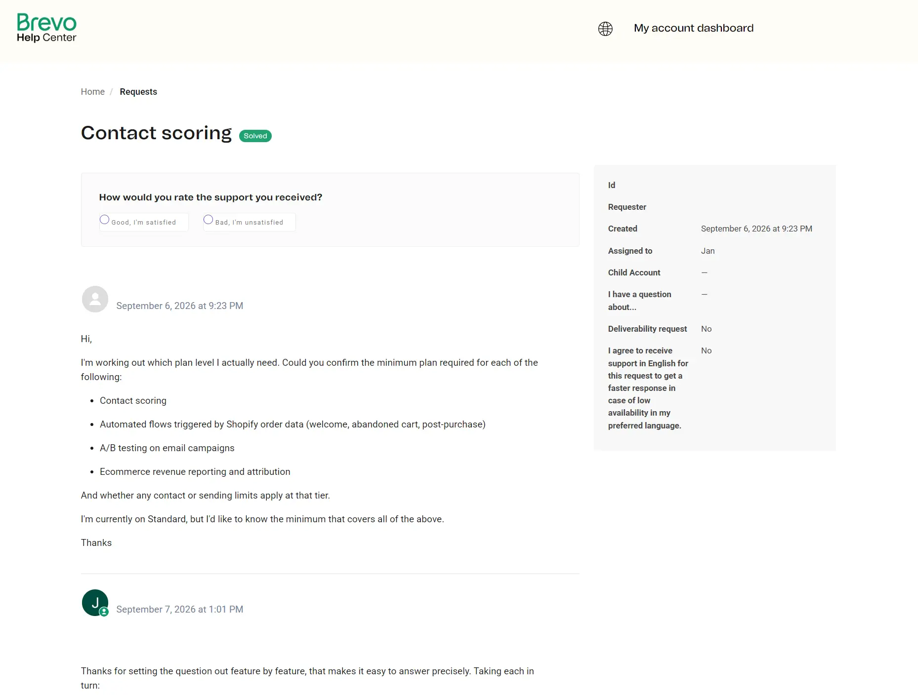 A customer asks about contact scoring, automation, and A/B testing features via a support request on Brevo Help Center.