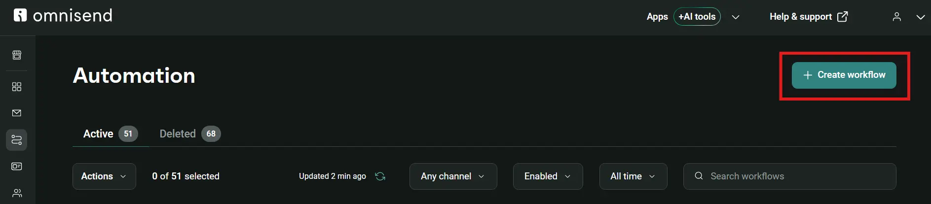 Omisend Automation page with a highlighted Create workflow button on the right side of the screen.