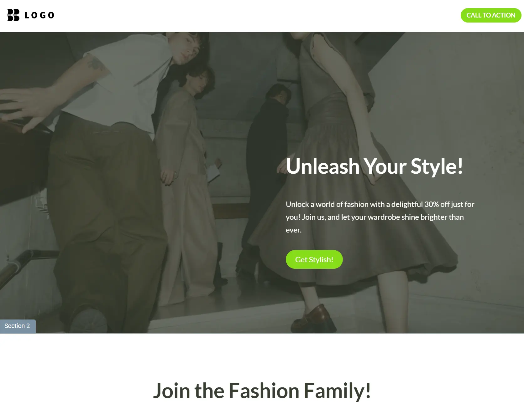 Group of people in stylish outfits ascending stairs, with promotional text and a green Get Stylish! button overlayed.