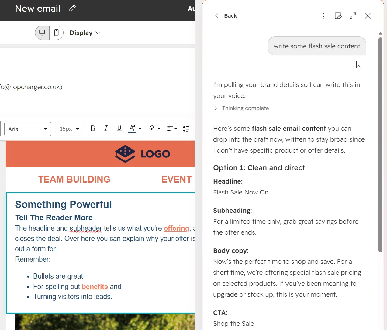 An email draft for a flash sale and a content guide with suggested text and structure for the email.