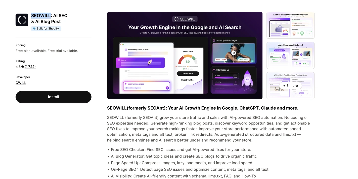A website for SEOWill, an AI SEO tool, with features and images of dashboards and charts displayed.