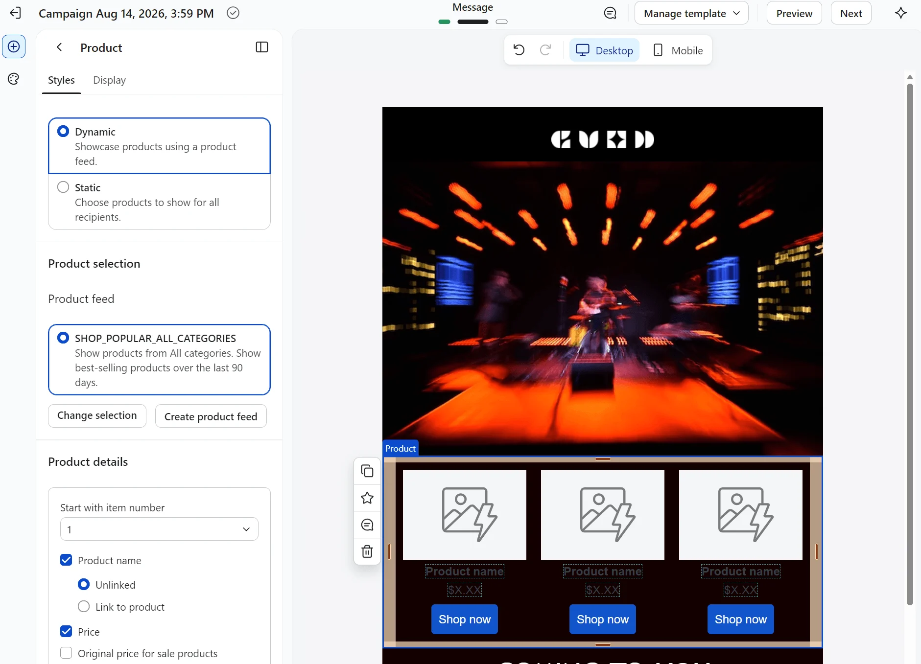 Marketing platform interface displaying a campaign draft with a blurred concert image and product cards below.