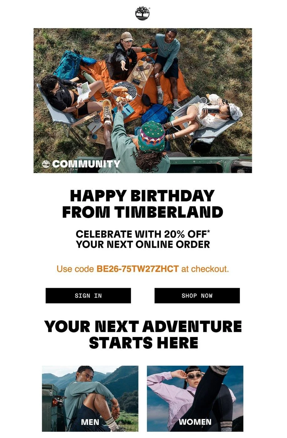 Group of people having a picnic outdoors, Timberland birthday offer with 20% off code, and mens and womens adventure links.