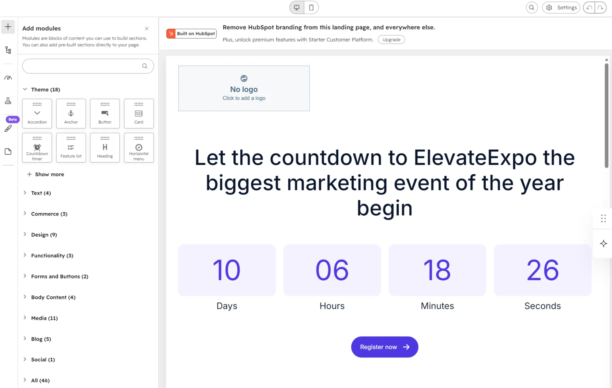 A countdown timer to ElevateExpo with 10 days, 6 hours, 18 minutes, and 26 seconds remaining.