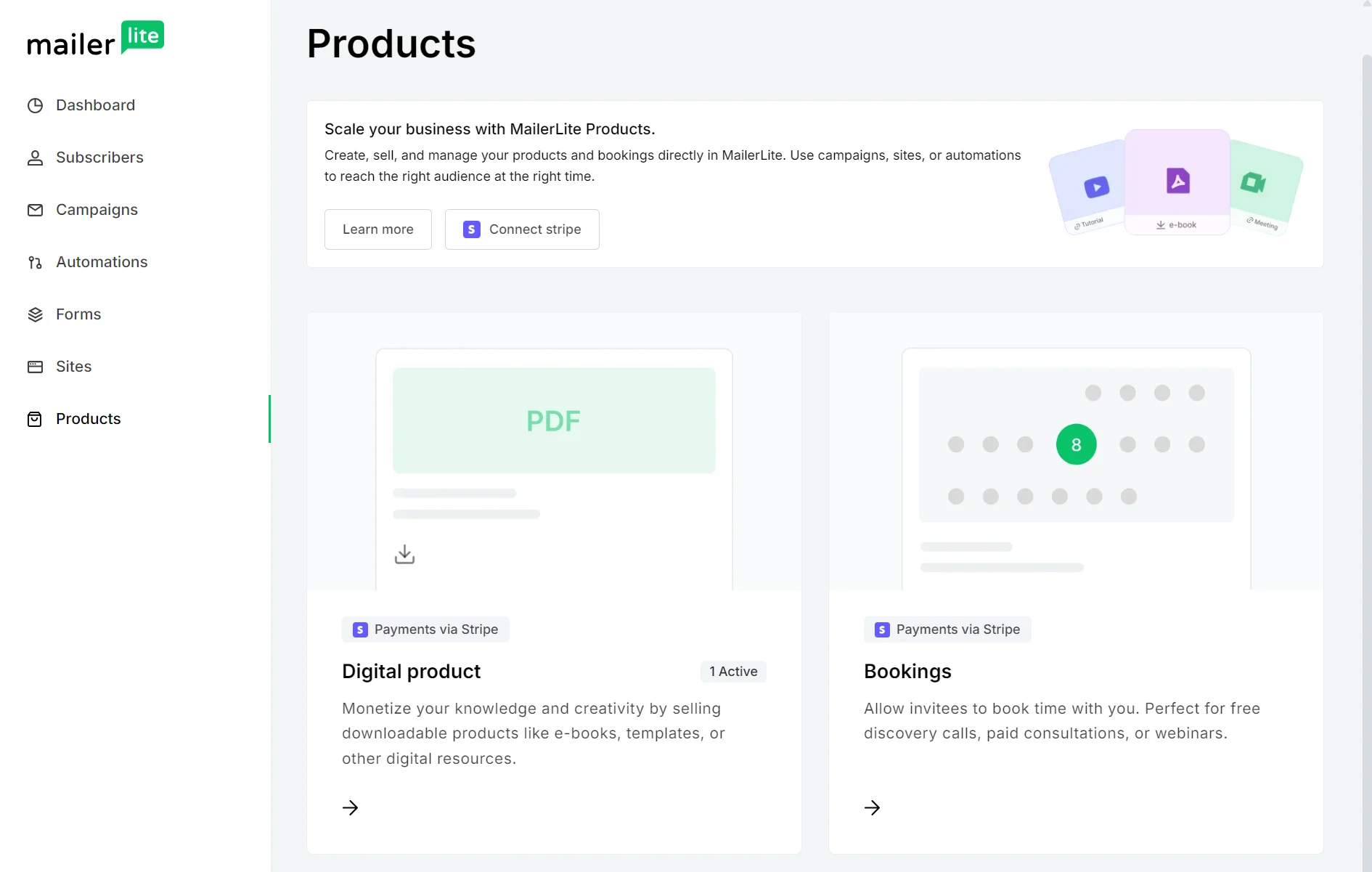 MailerLite products' screen showing options for digital product payments via Stripe or booking payments via Stripe.