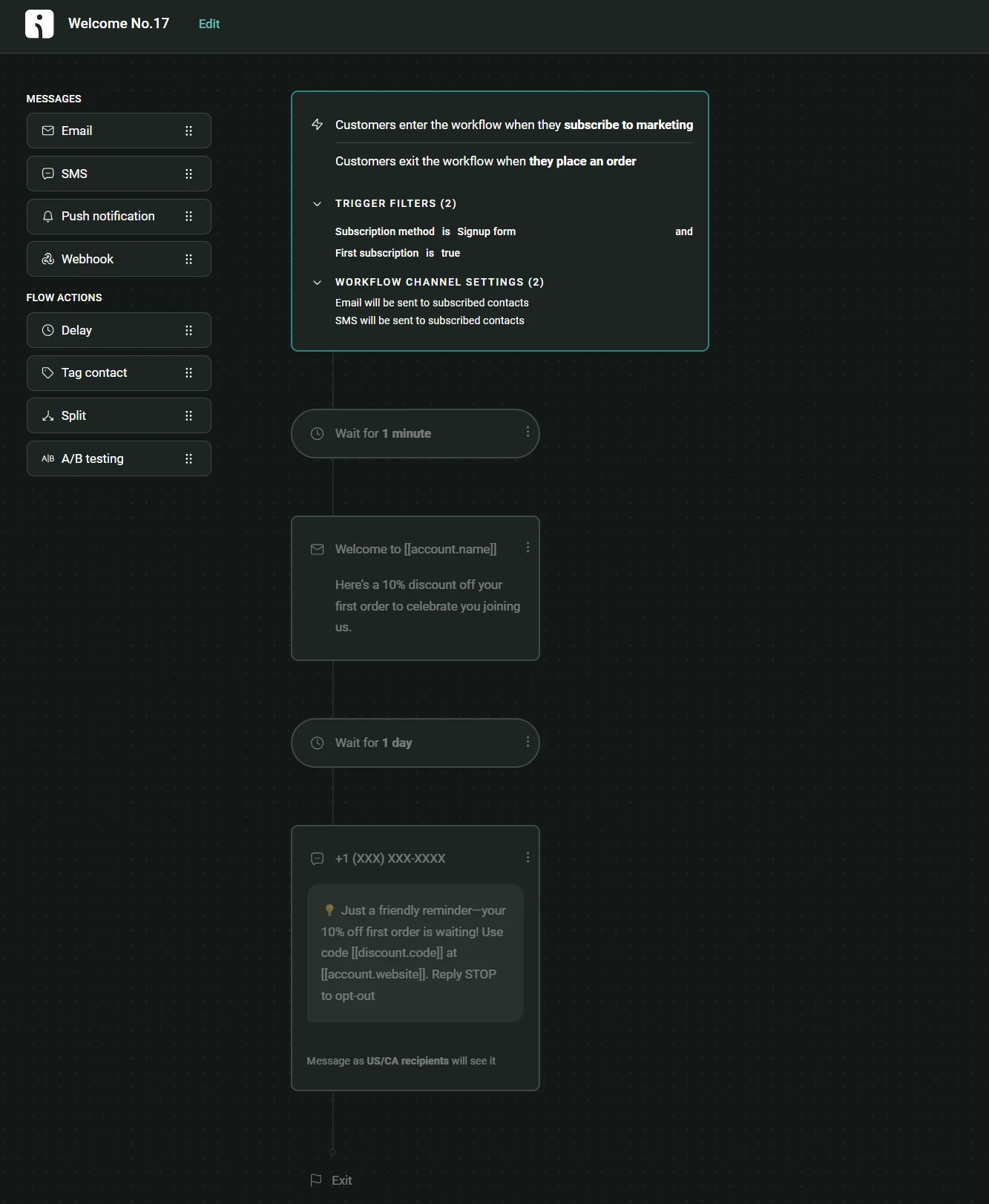 Workflow automation interface showing SMS marketing triggers, wait steps, and message templates on a dark background.