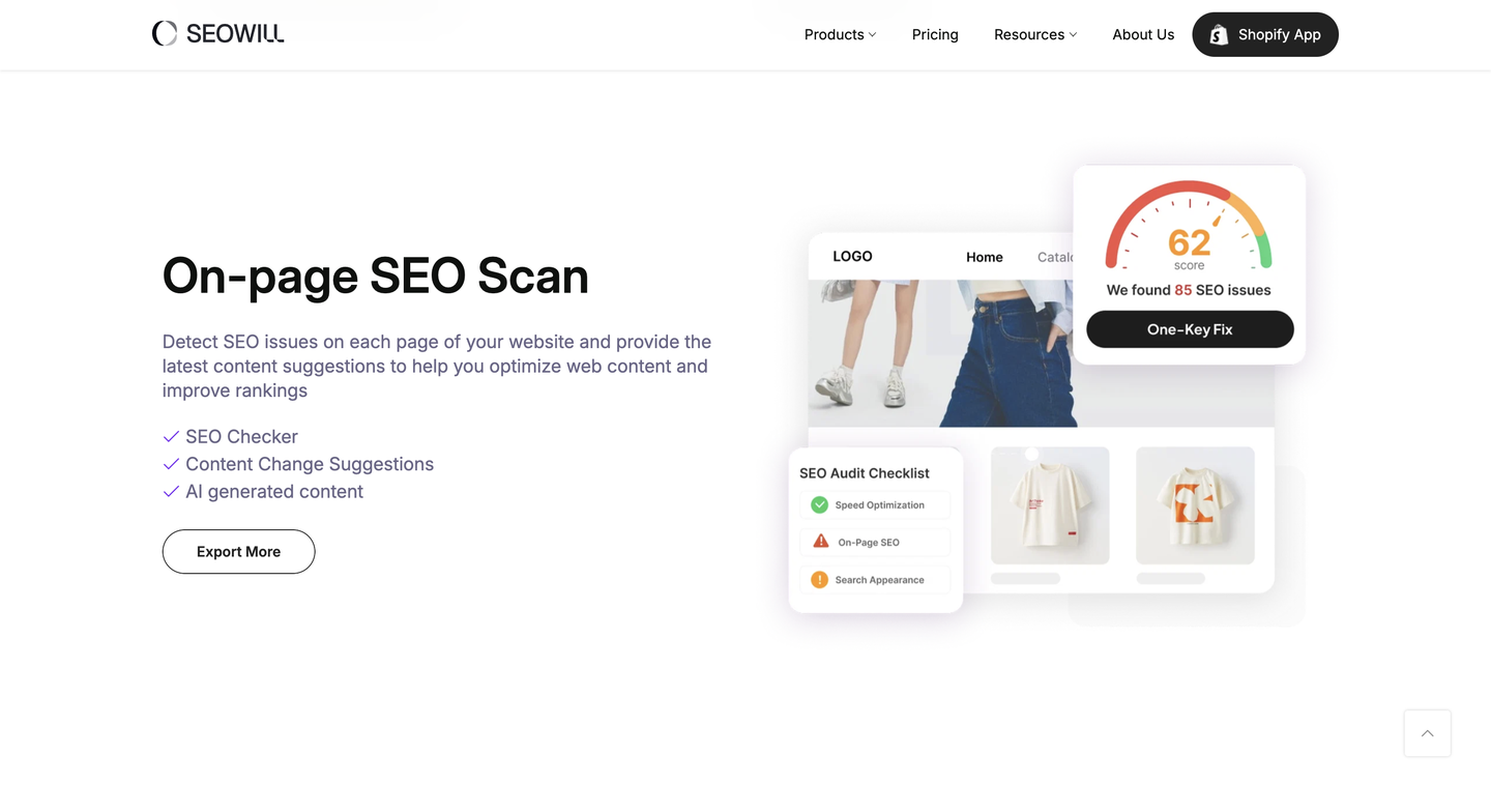 On-page SEO Scan web page showing an SEO score of 62 and options to fix detected SEO issues and export results.