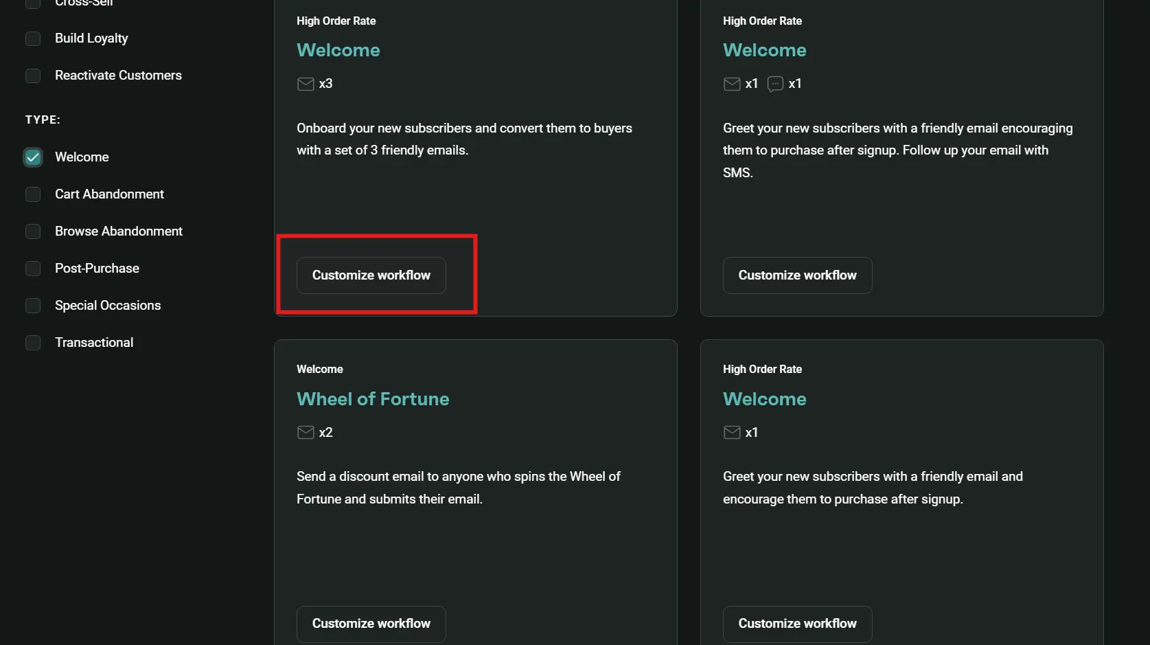 Dashboard showing workflow options for subscriber onboarding, with Customize workflow button highlighted in red.