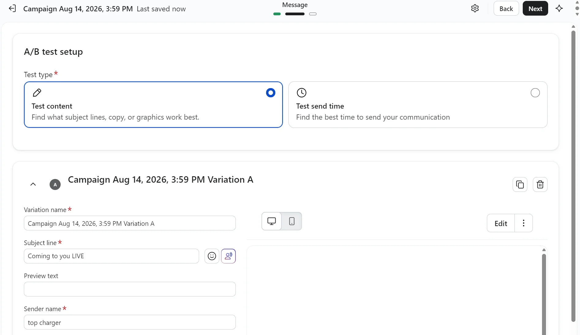 A/B test setup screen showing email campaign settings, including variation name, subject line, and message content fields.
