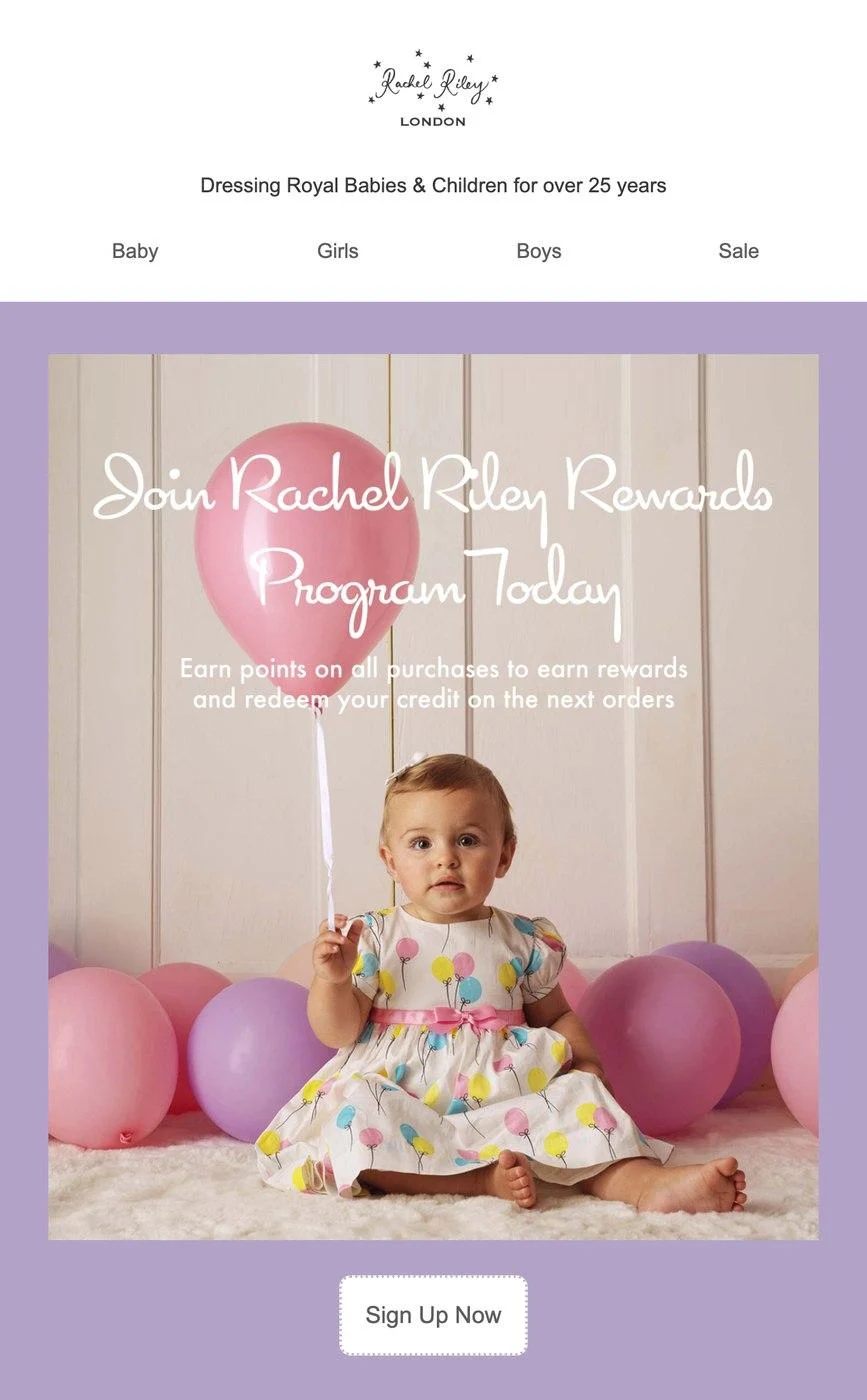 Baby in colorful dress sits with balloons, promoting Rachel Riley Rewards Program with a Sign Up Now button below.