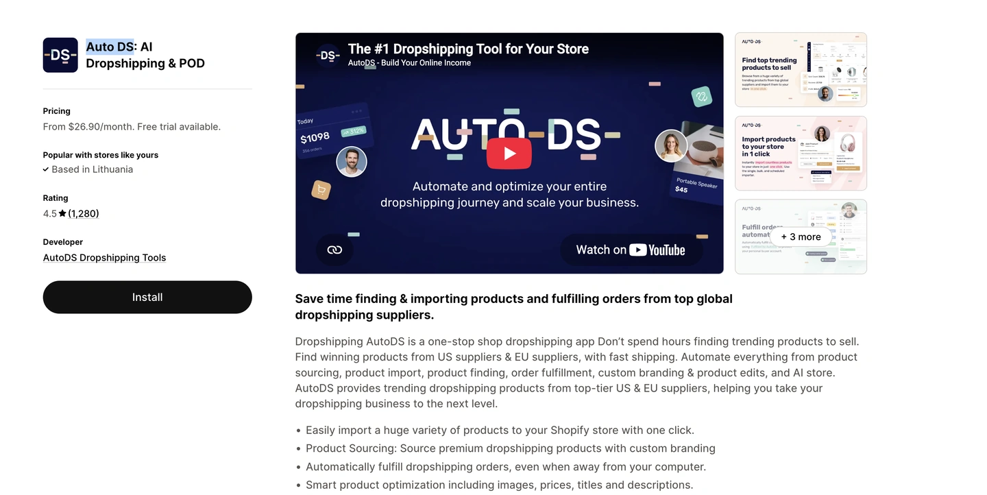 AutoDS website page displaying dropshipping automation features, service details, and a large promotional video banner.