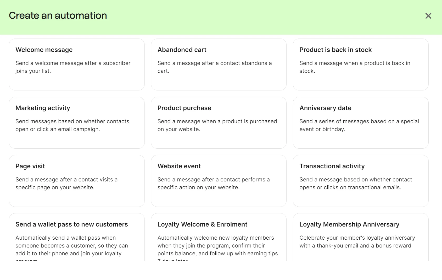 Automation selection featuring welcome messages, abandoned carts, back in stock, and more.