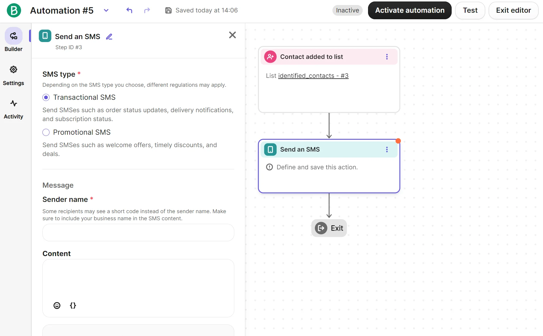 Brevo automation builder that allows to choose your SMS type, requires a sender name and asks for content.