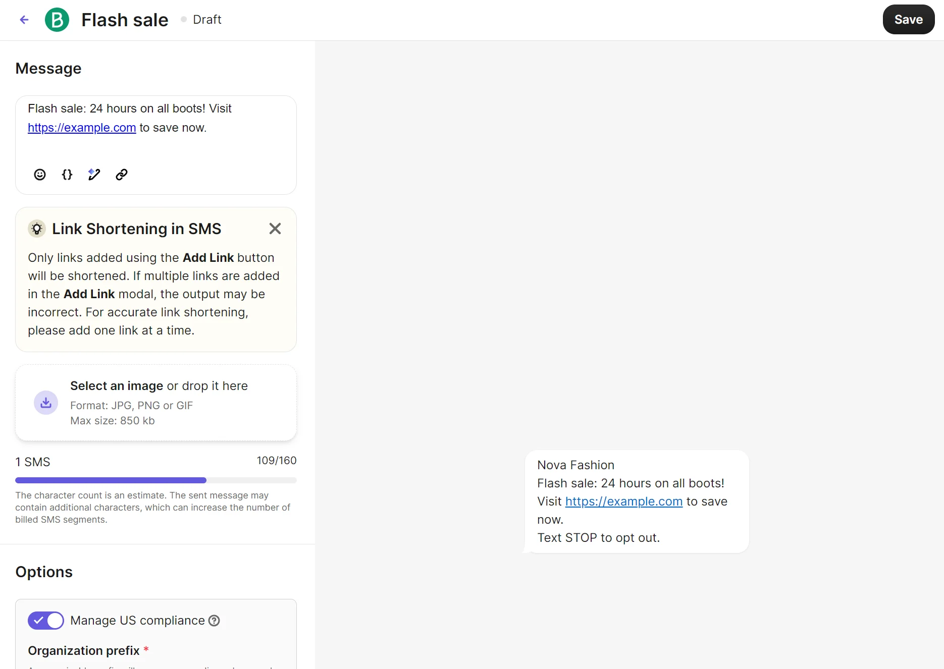 An SMS editor showing a flash sale message draft with link shortening and compliance options visible.