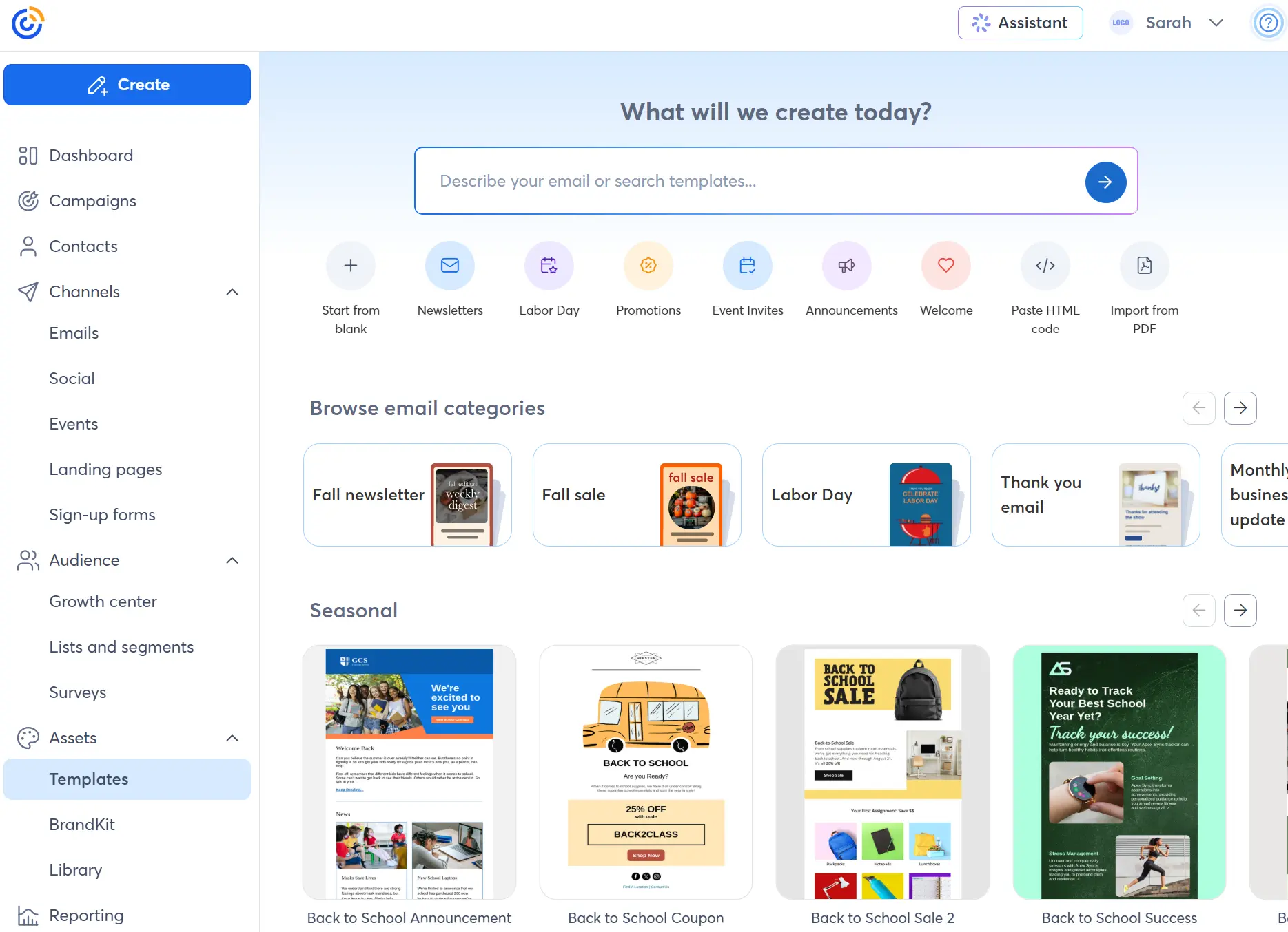 A dashboard showing email template options, categories, and seasonal campaign suggestions for creating marketing emails.
