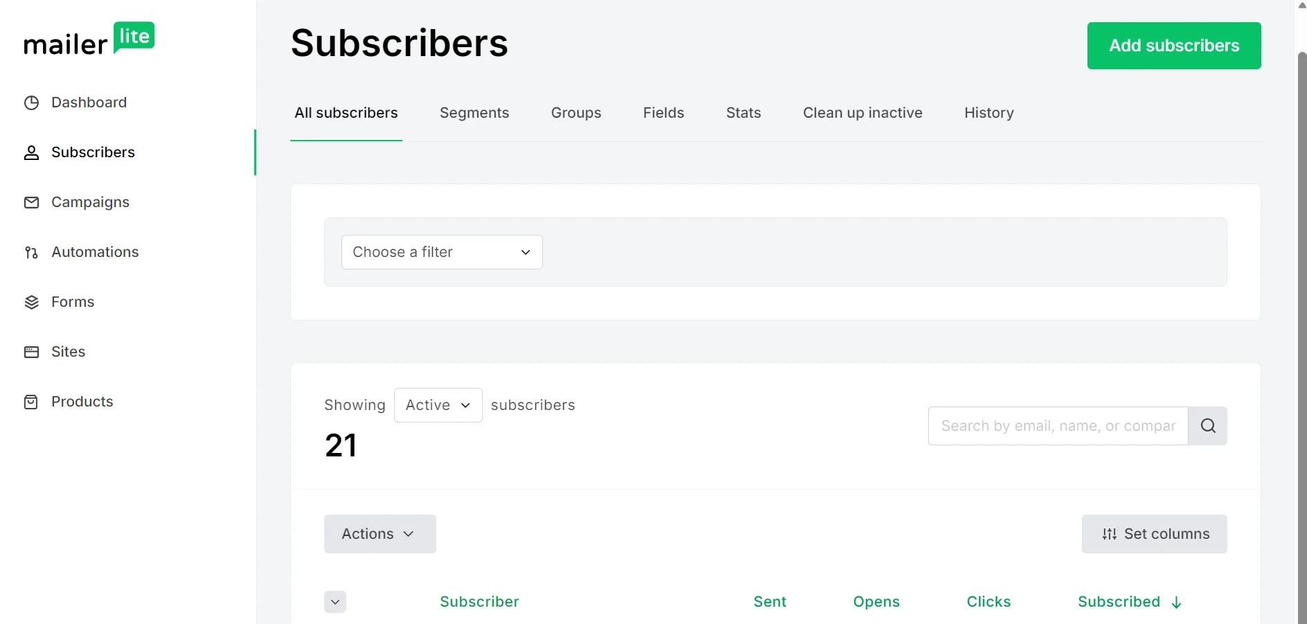 MailerLite subscribers dashboard showing 21 active subscribers, with options to filter, add, and manage subscriber lists.