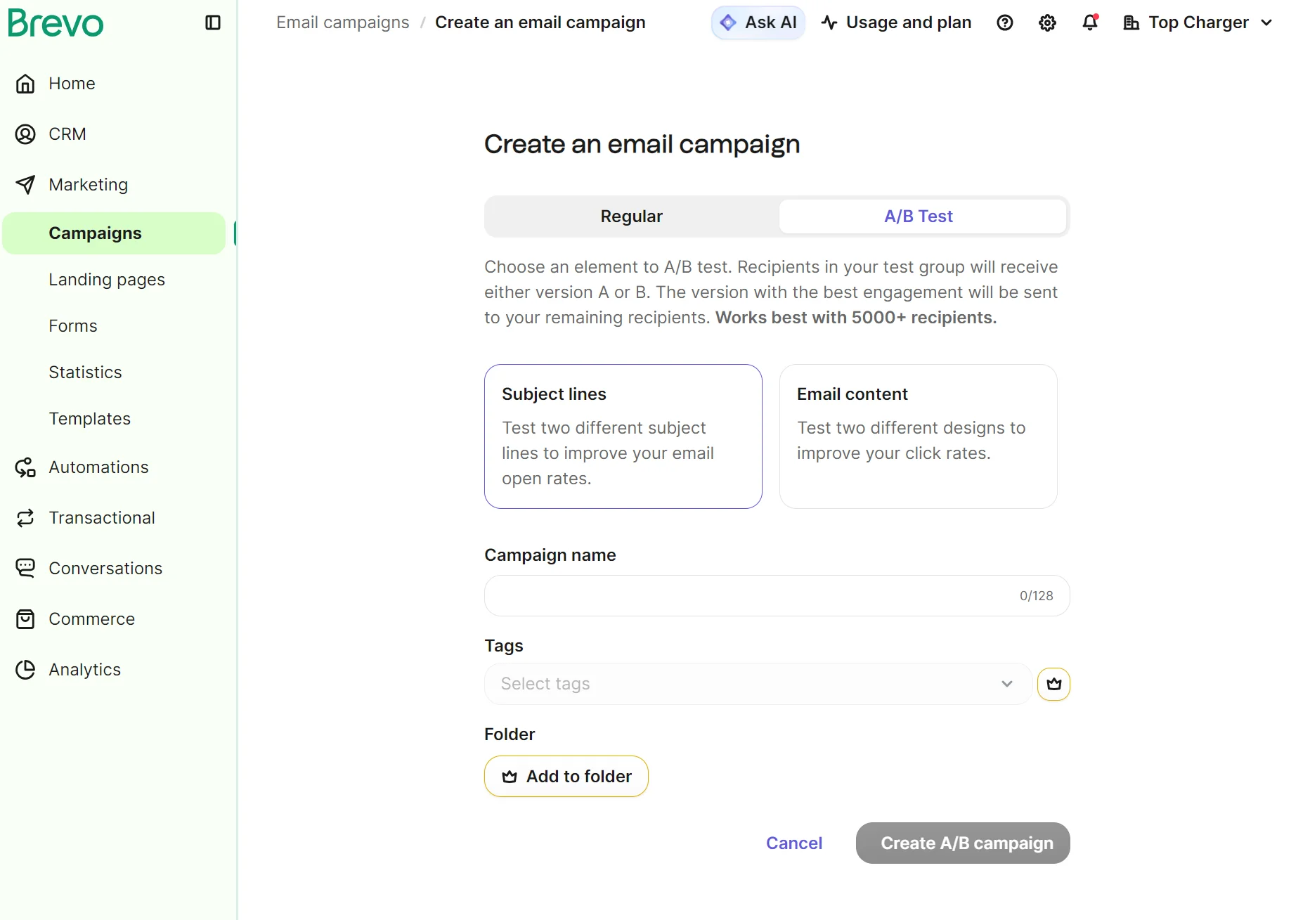 Brevo platform interface for creating an A/B test email campaign, showing fields for subject lines, campaign name, and tags.