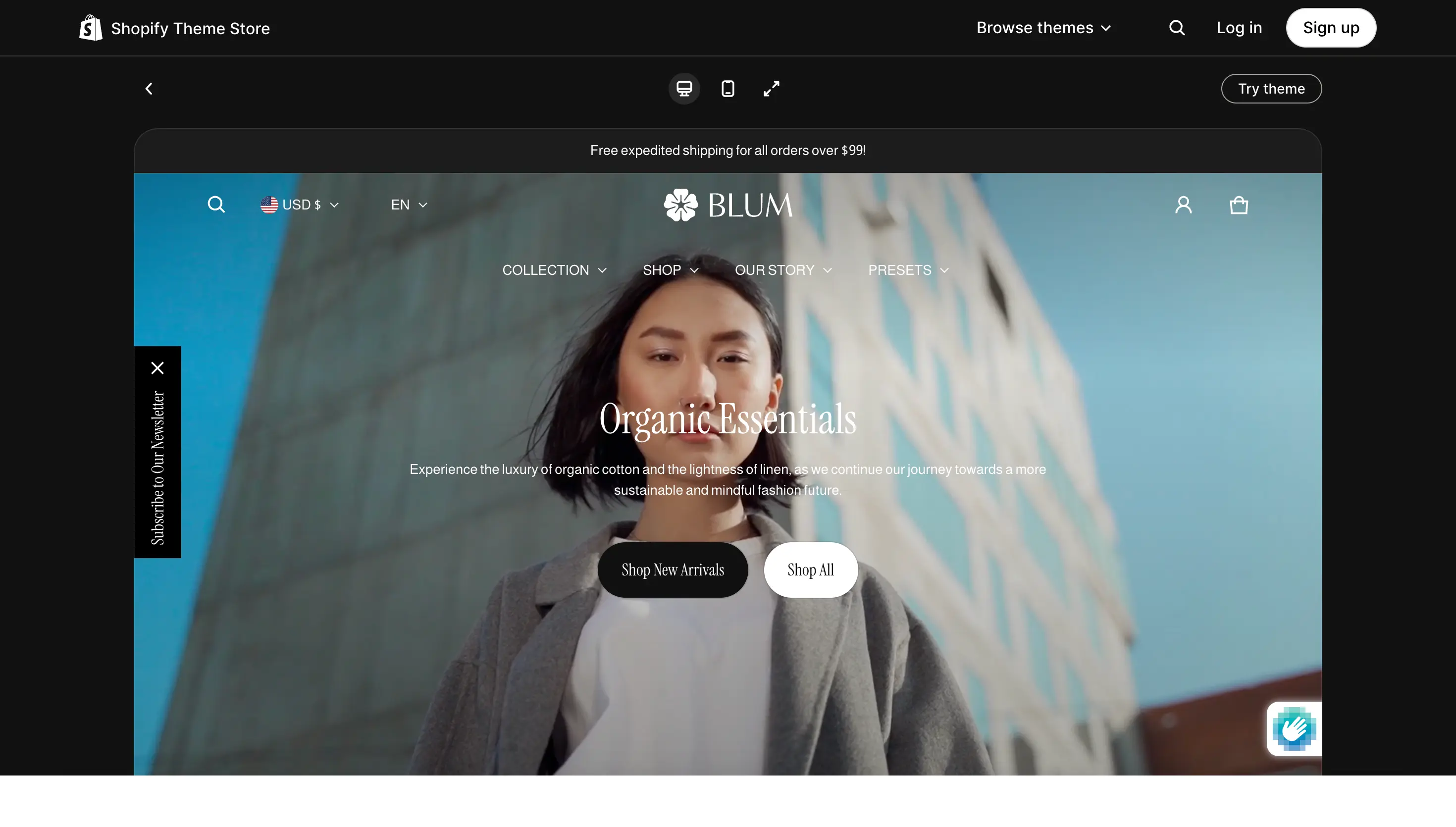 Shopify theme store page showing the Blum theme with a woman outdoors and navigation options at the top.