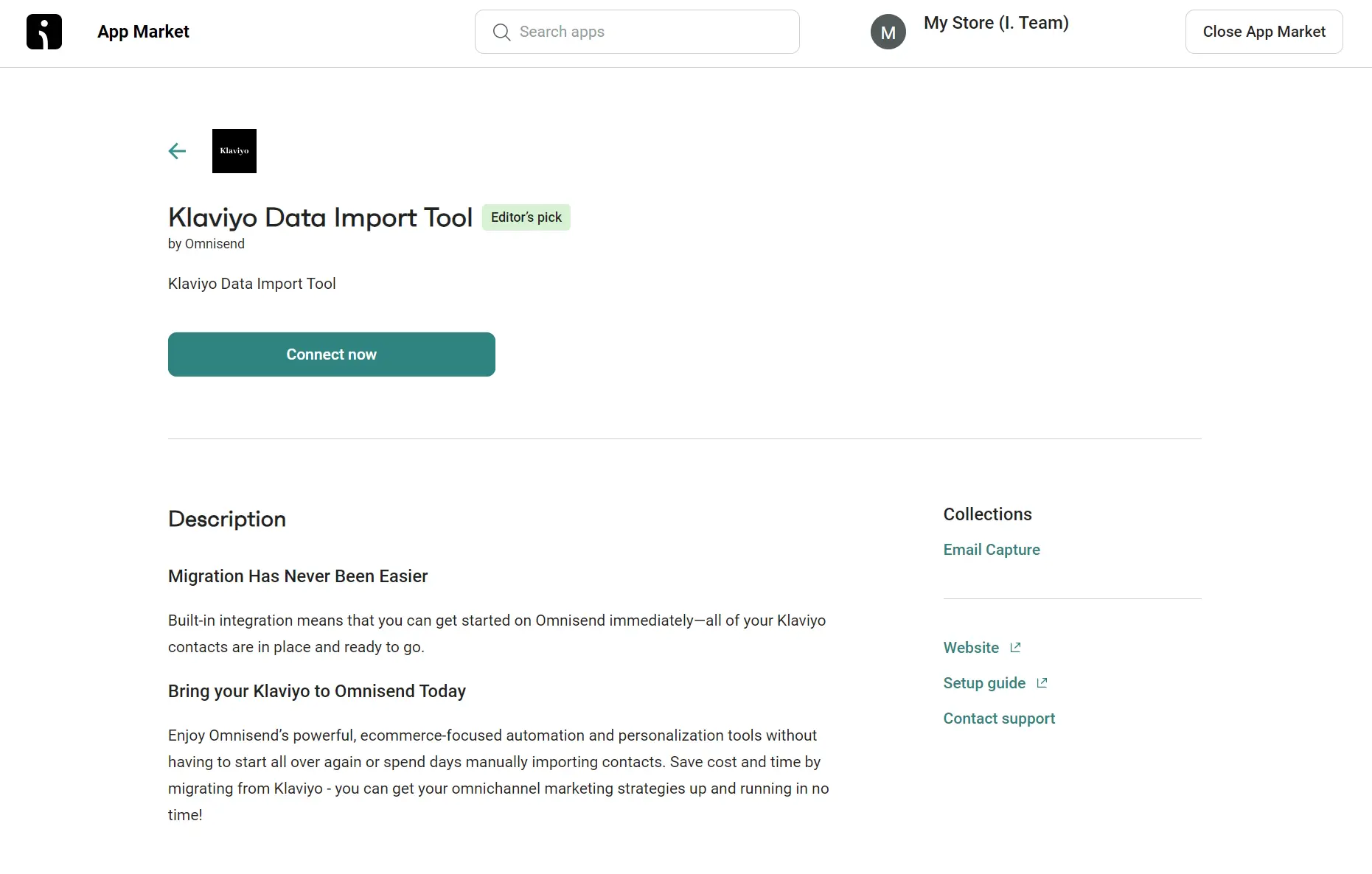 Klaviyo Data Import Tool app page on a marketplace, showing description, connect button, and support links.