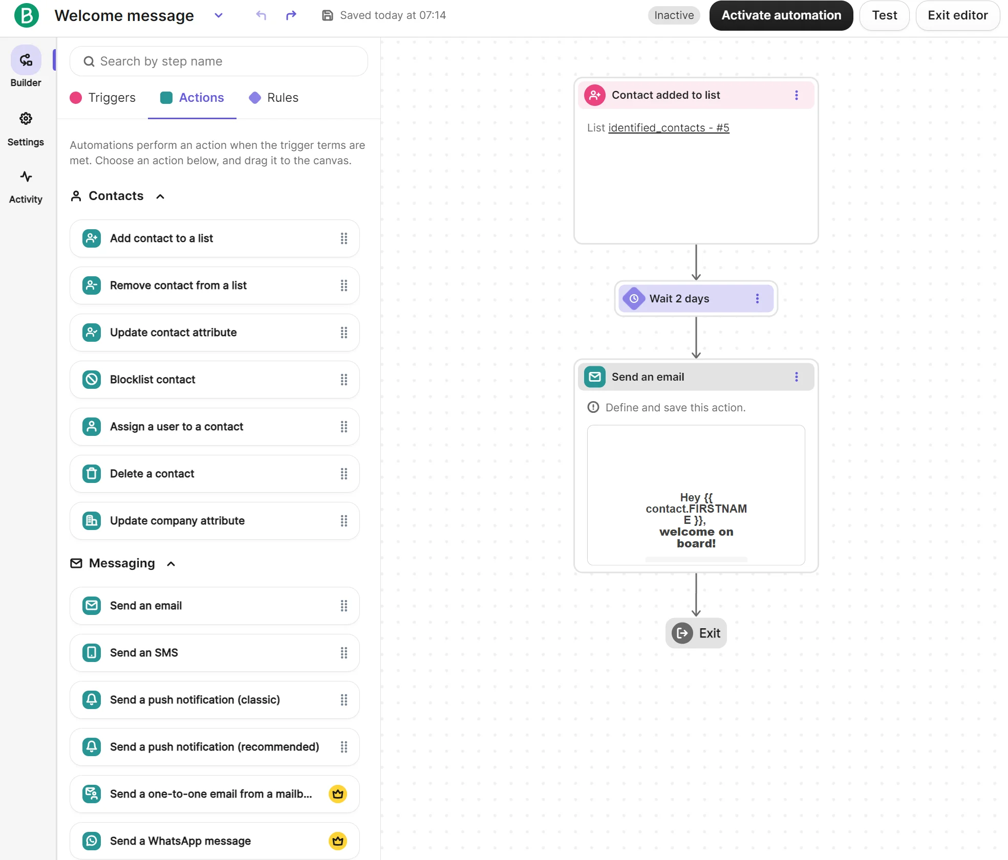 Automation workflow editor showing a welcome email sequence, including adding a contact and sending a delayed email.