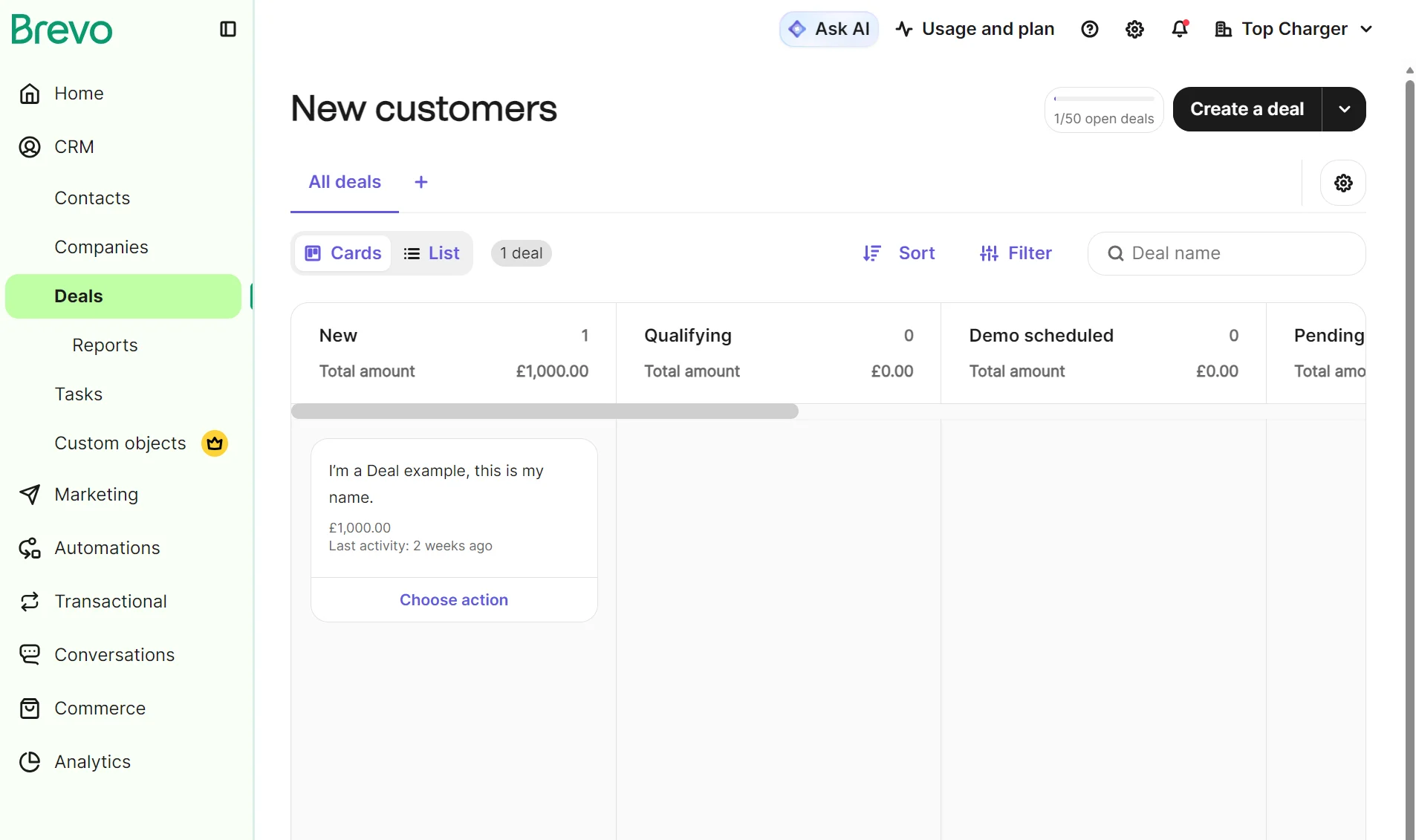 A CRM dashboard shows a New customers deals list with one deal valued at £1,000,000 under the New stage.