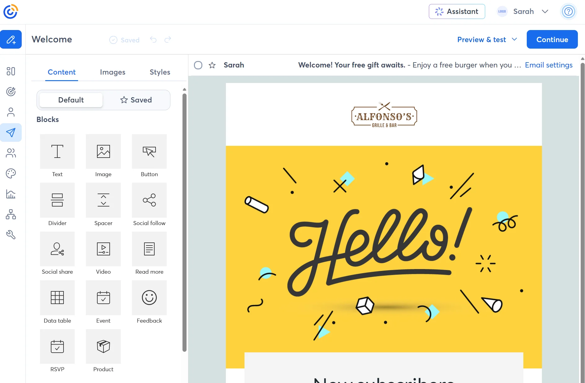 Email template editor showing a Hello! welcome email design with yellow background and various editing options on the left.