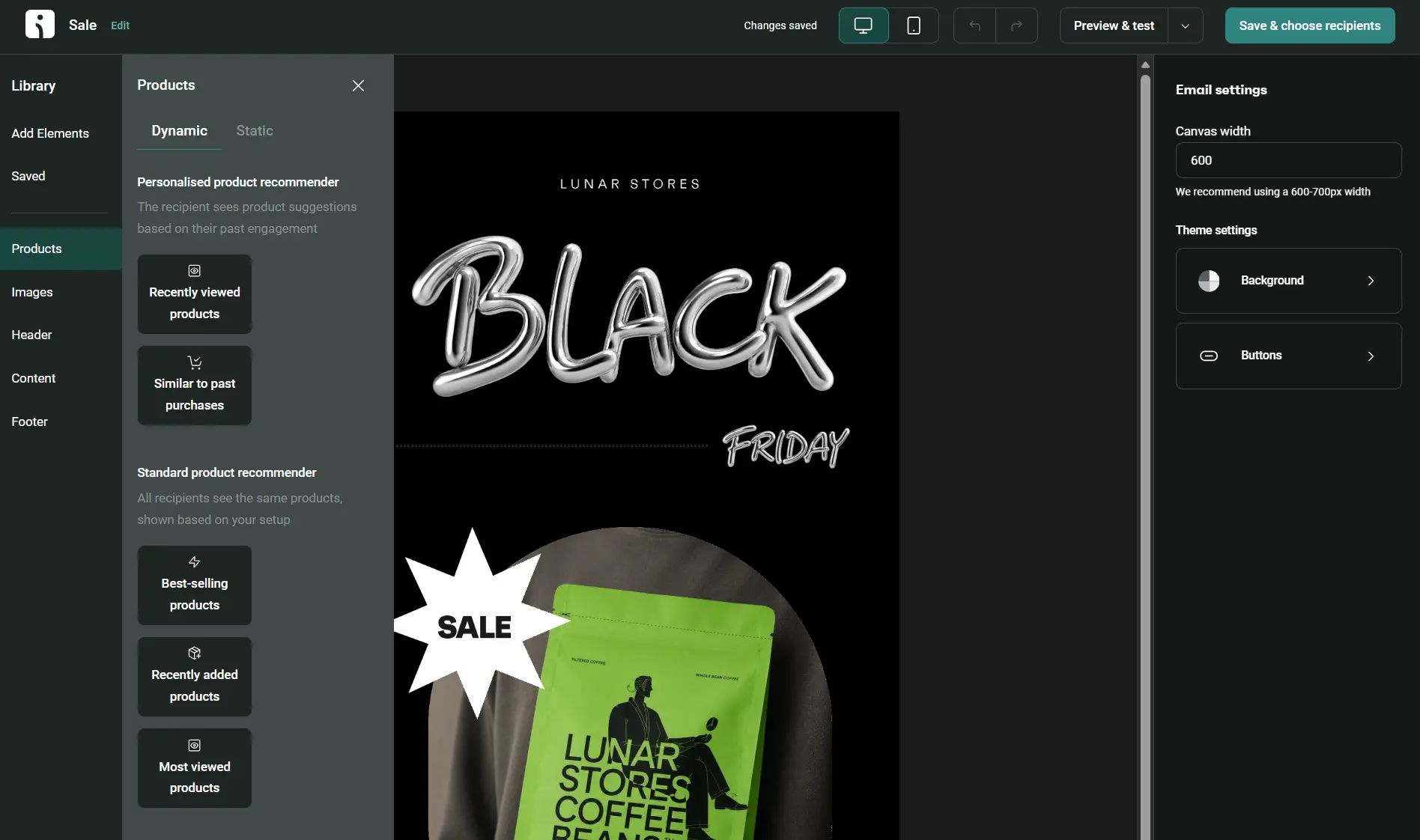 Email design editor showing dynamic product recommendation options like "recently viewed products" and "similar to past purchases."