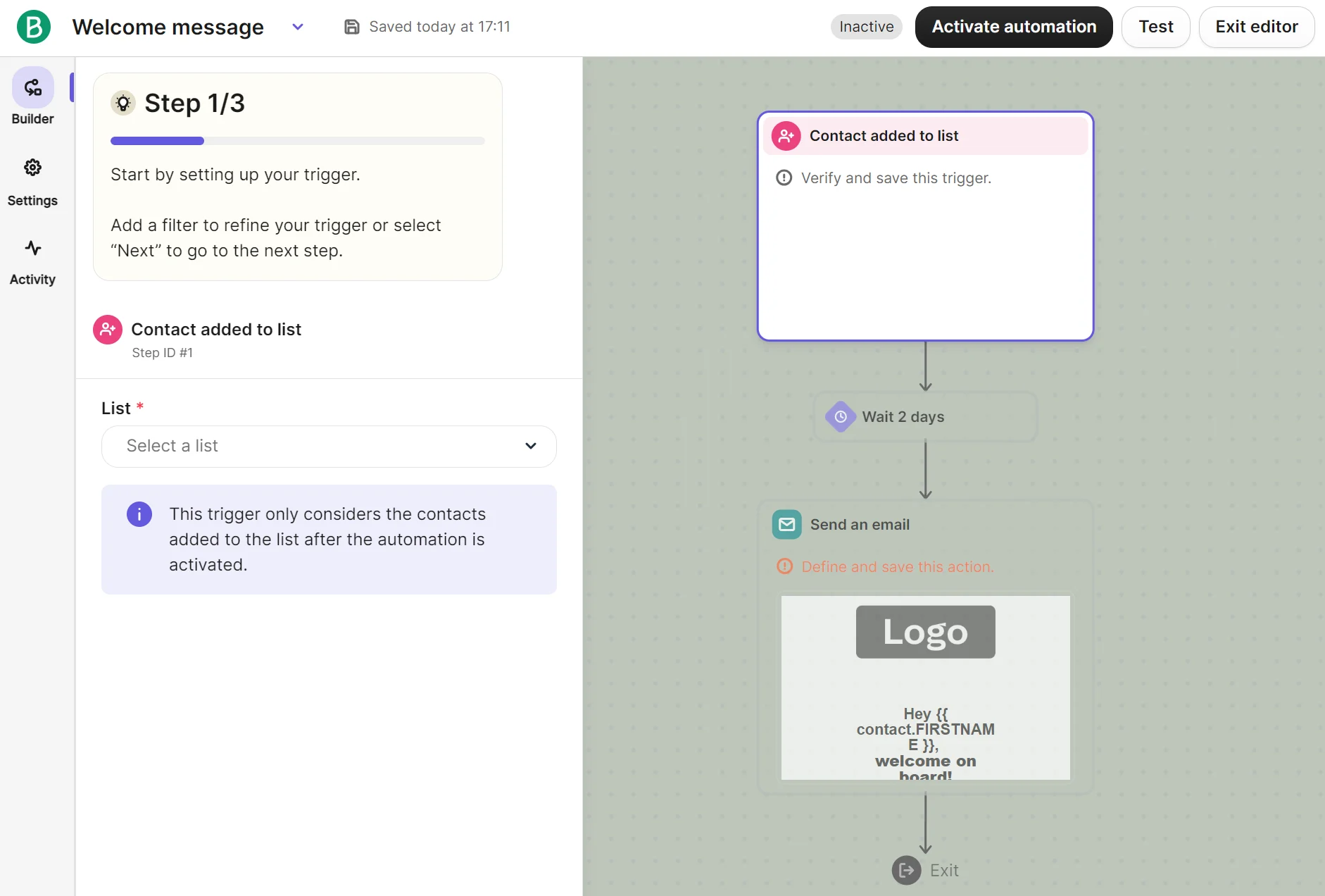 A workflow automation editor shows steps for sending a welcome email after adding a contact to a list.