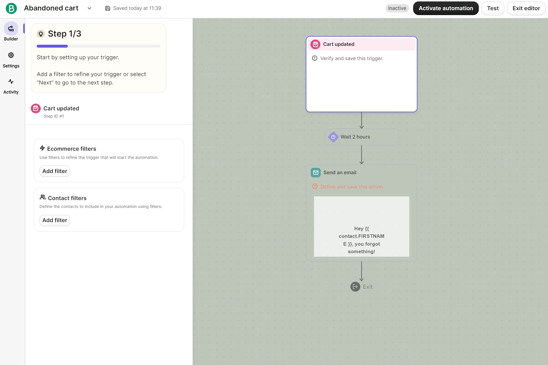 Automation workflow for an abandoned cart email, showing steps to verify trigger and send a reminder email after two hours.