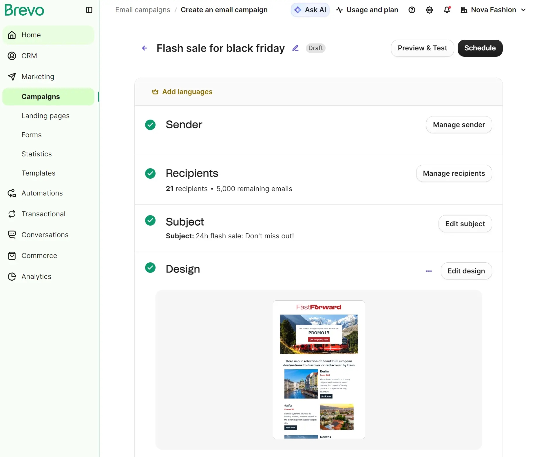 Email campaign creation page showing sender, recipient, subject, and design setup for a Black Friday flash sale.