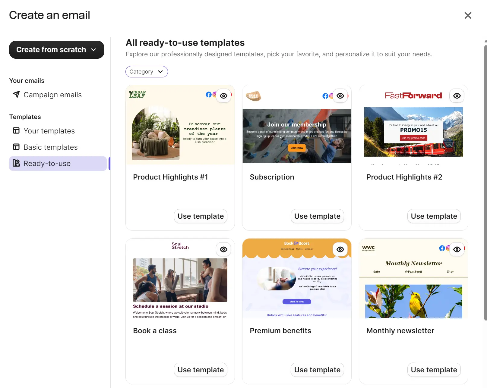 Ready-to-use email templates like Product Highlights, Subscription, Book a Class, Premium Benefits, and Newsletters.
