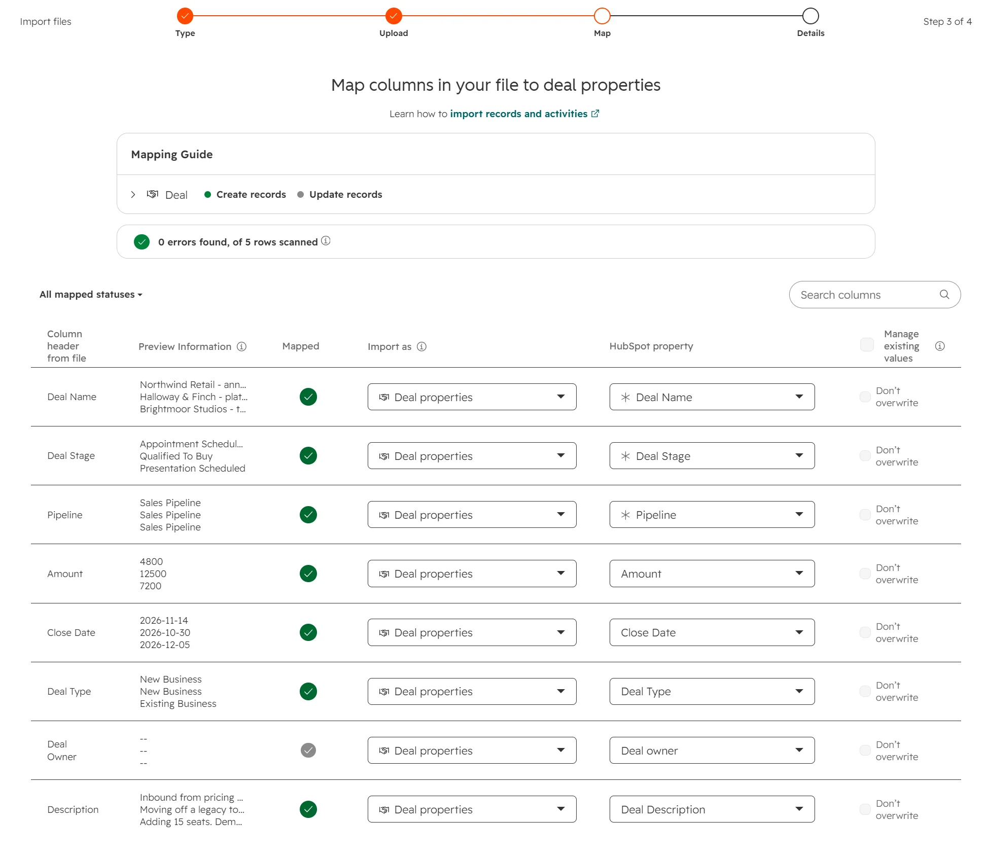 A data import screen shows columns being mapped to deal properties with dropdown menus for each mapping option.