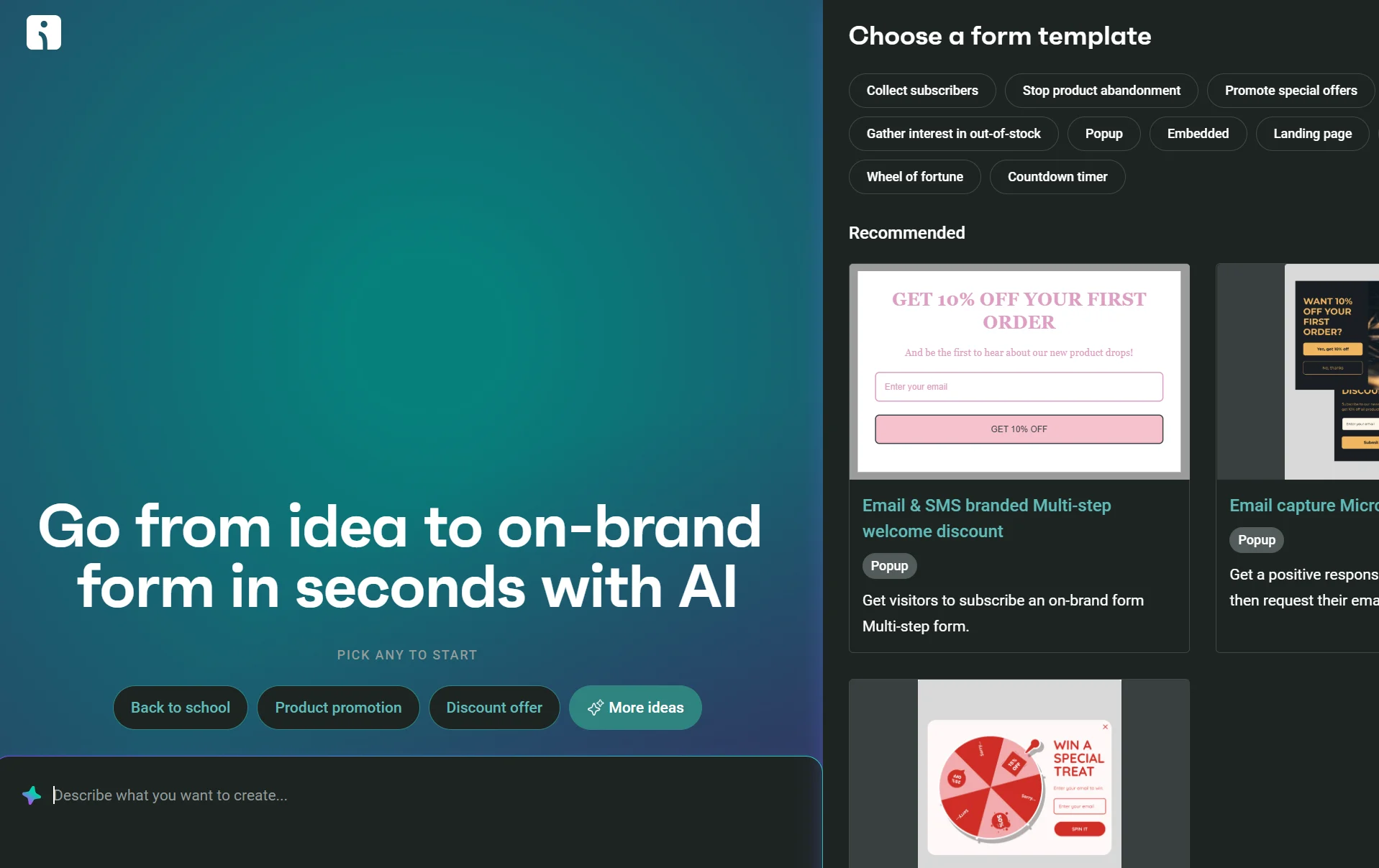 An AI-powered form builder interface with template and recommendation options on the right.