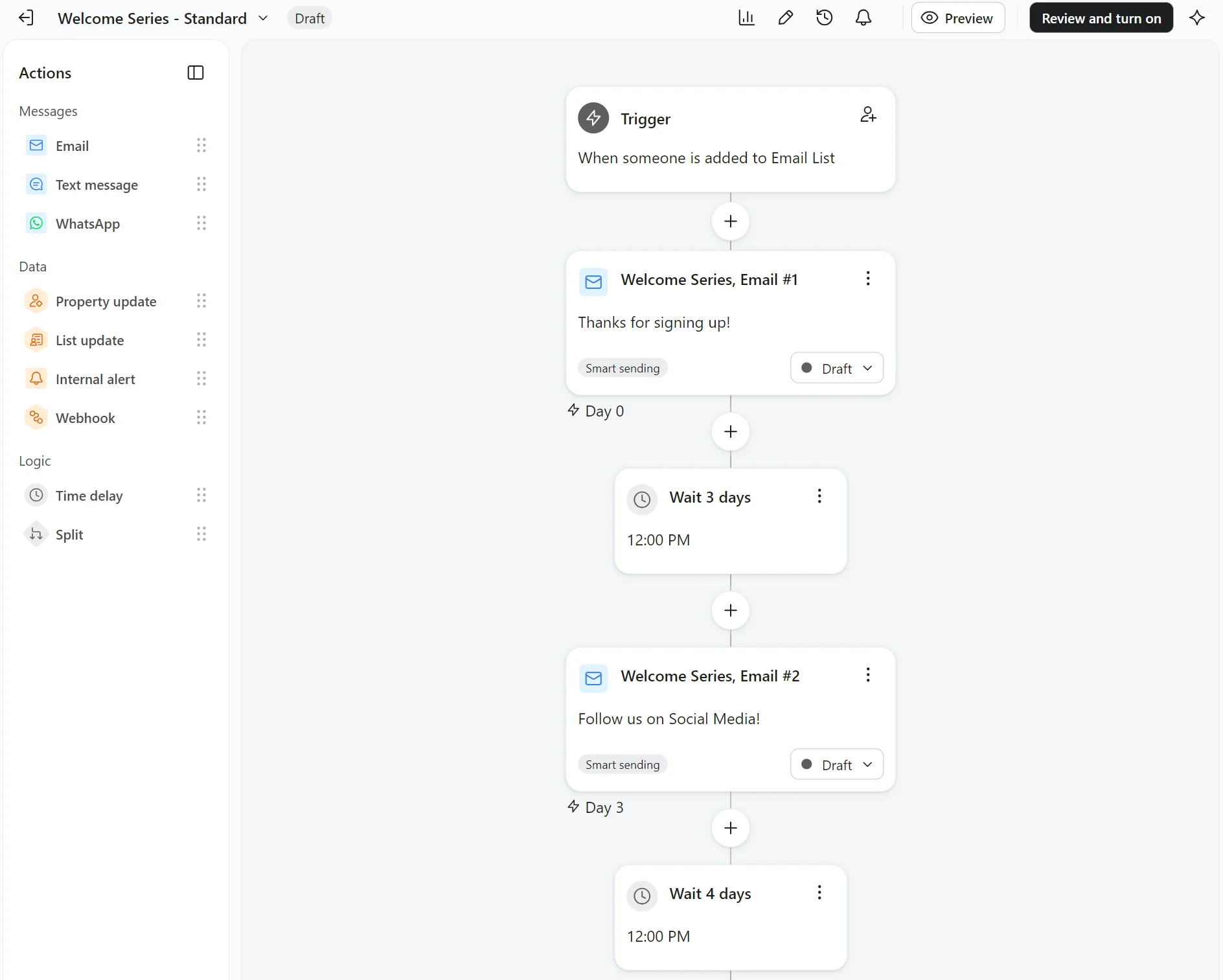 Email automation workflow with trigger, two email drafts, and wait steps shown in a flowchart interface.