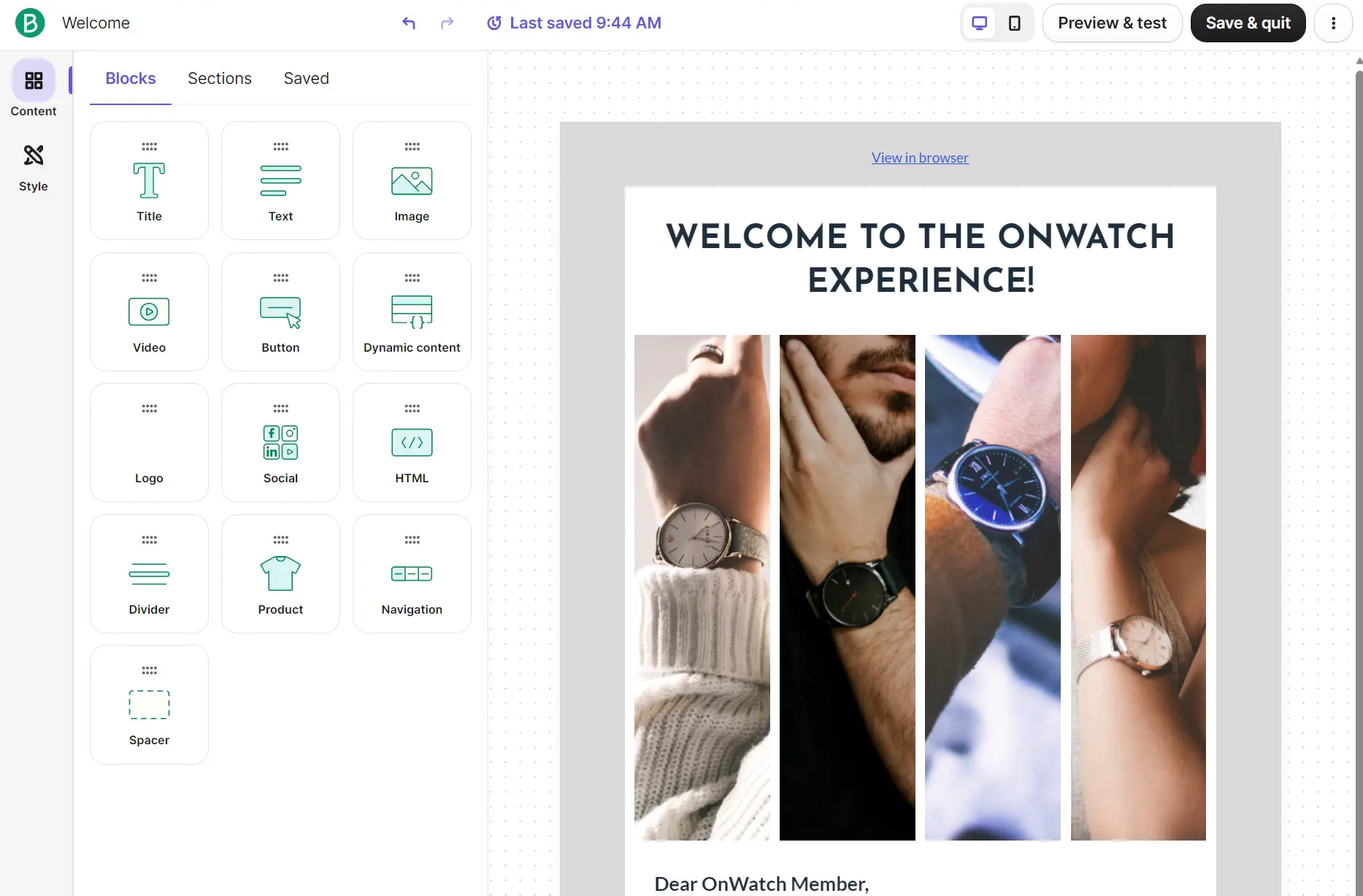 Email editor showing a draft with a WELCOME TO THE ONWATCH EXPERIENCE! banner and three wristwatch images.