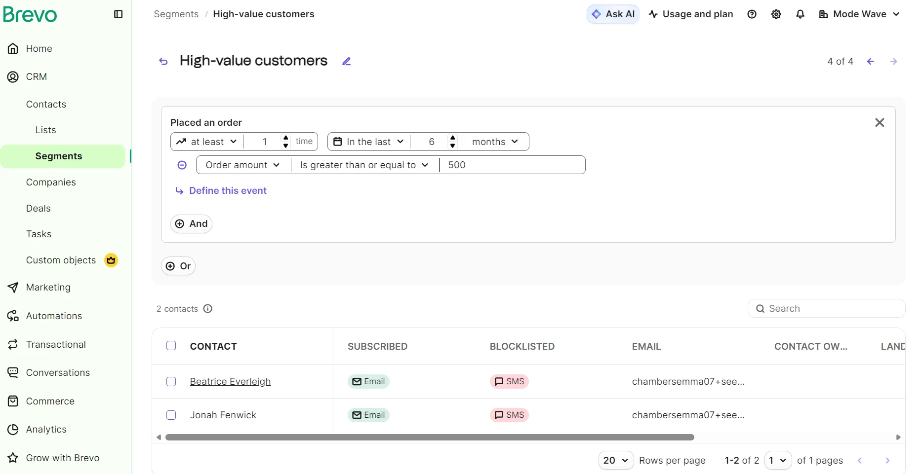 A dashboard filters contacts by order amount, listing two contacts with email statuses and subscription info.