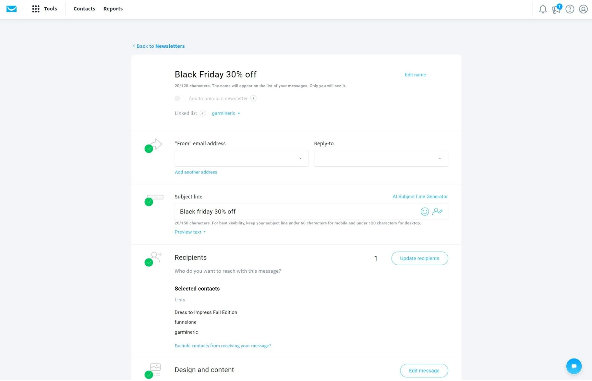 Email campaign setup screen displaying fields for sender, subject, recipients, and email design for a Black Friday offer.