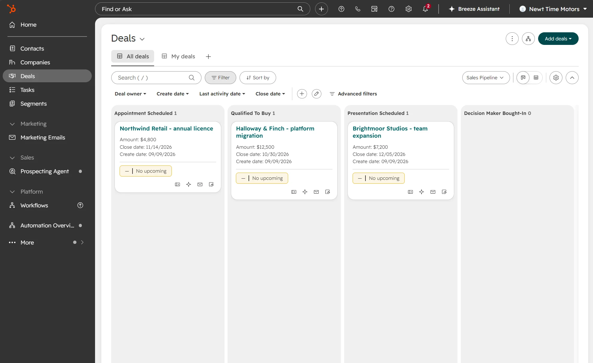HubSpot Deals dashboard displaying columns with deal cards, stages, and filters in a kanban board layout.