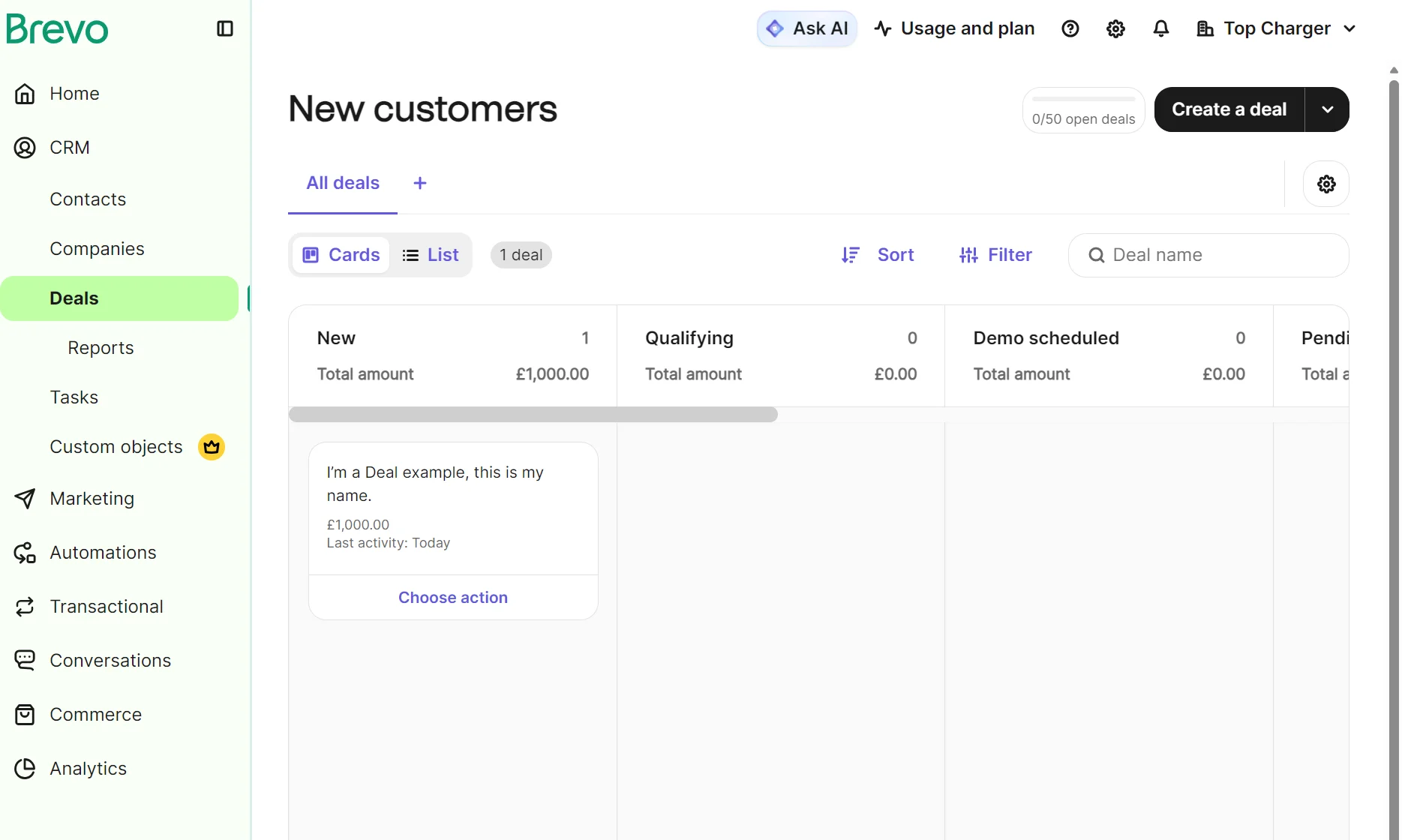 Dashboard showing the New customers deals list with deal stages and amounts for a CRM platform called Brevo.