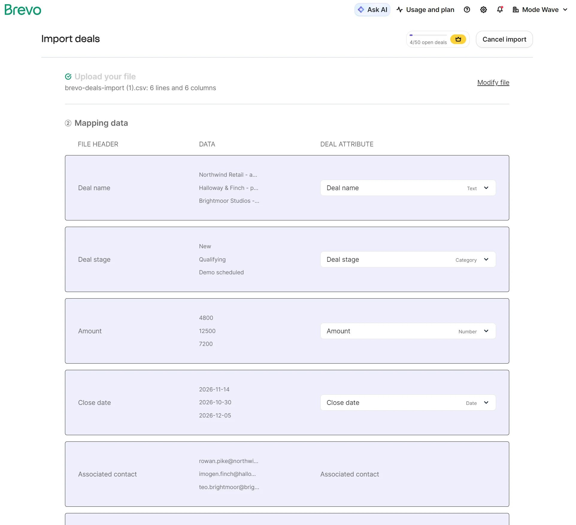 A data import screen showing mapping of deal fields like name, stage, amount, and close date in a CRM platform.