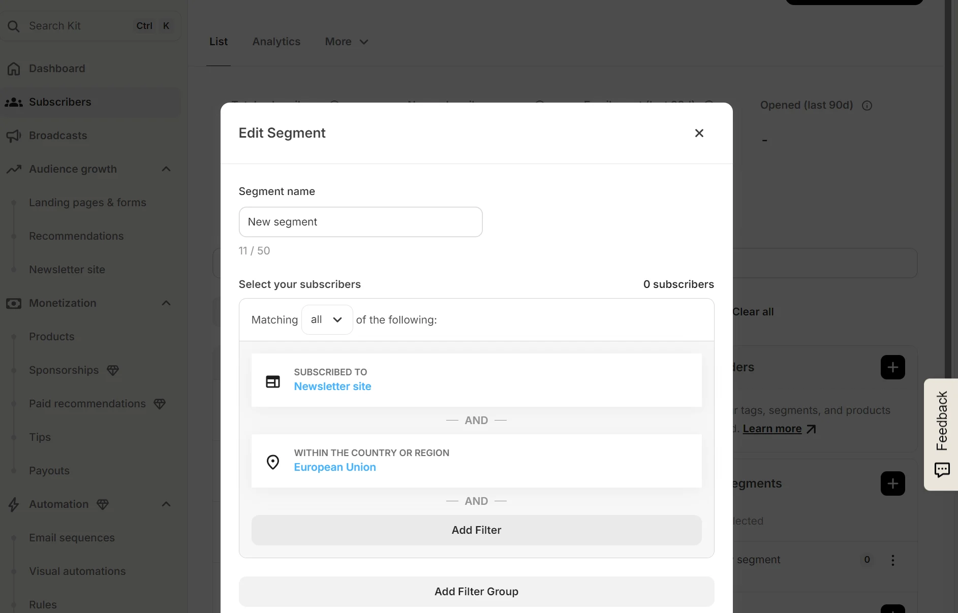 Edit Segment window showing filters for subscribers to a newsletter and location in the European Union.