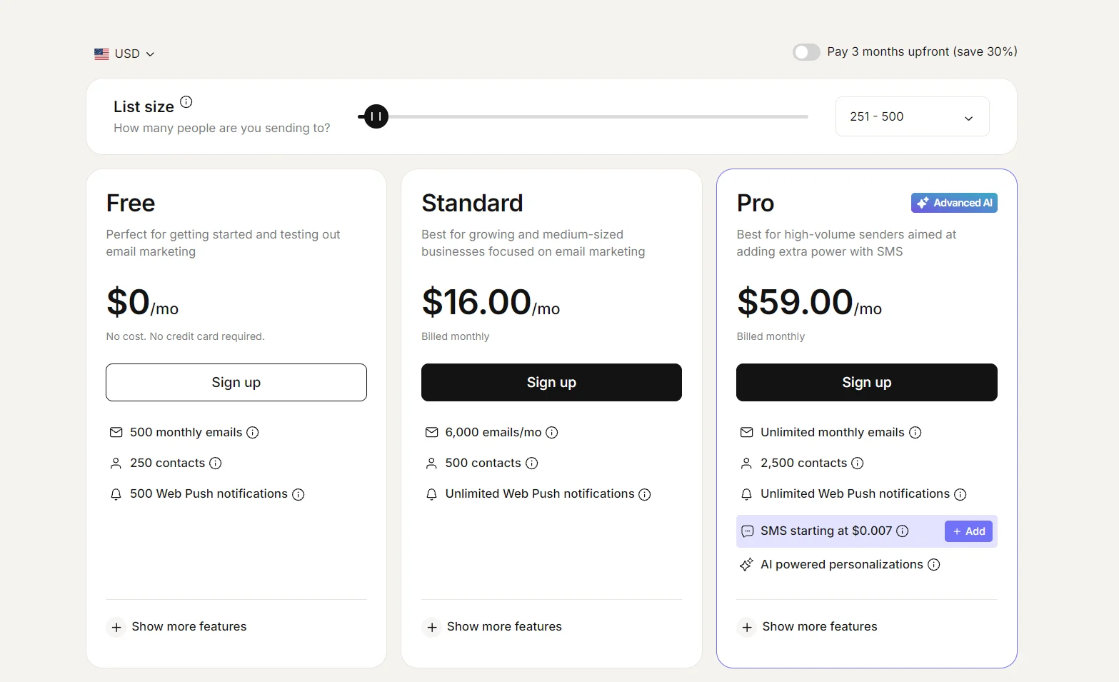 Email marketing pricing table with three plans: Free, Standard at $16/month, and Pro at $59/month, each with features listed.