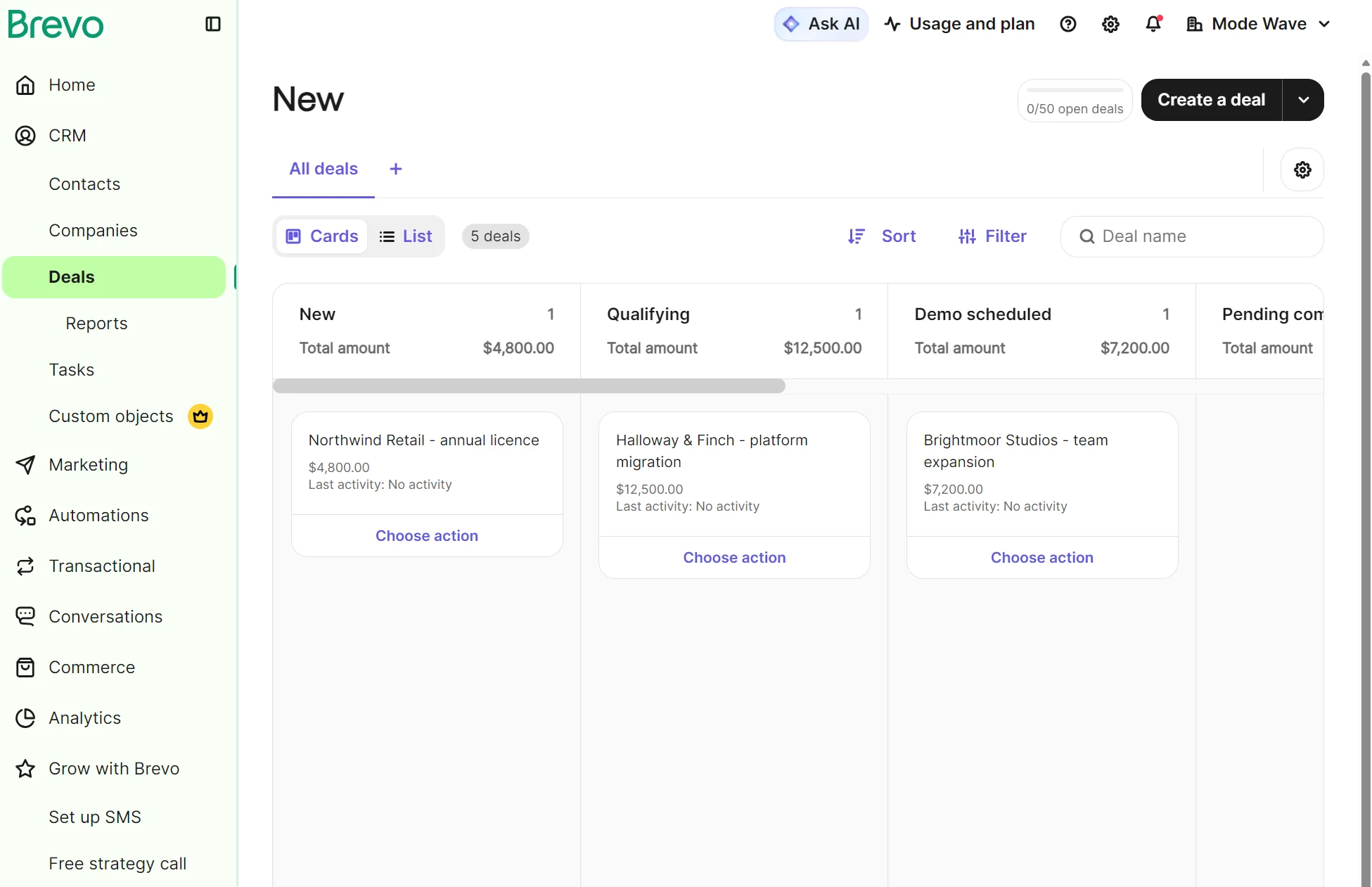 Brevo Deals dashboard showing a list of sales stages and deals with columns for New, Qualifying, and Demo scheduled.