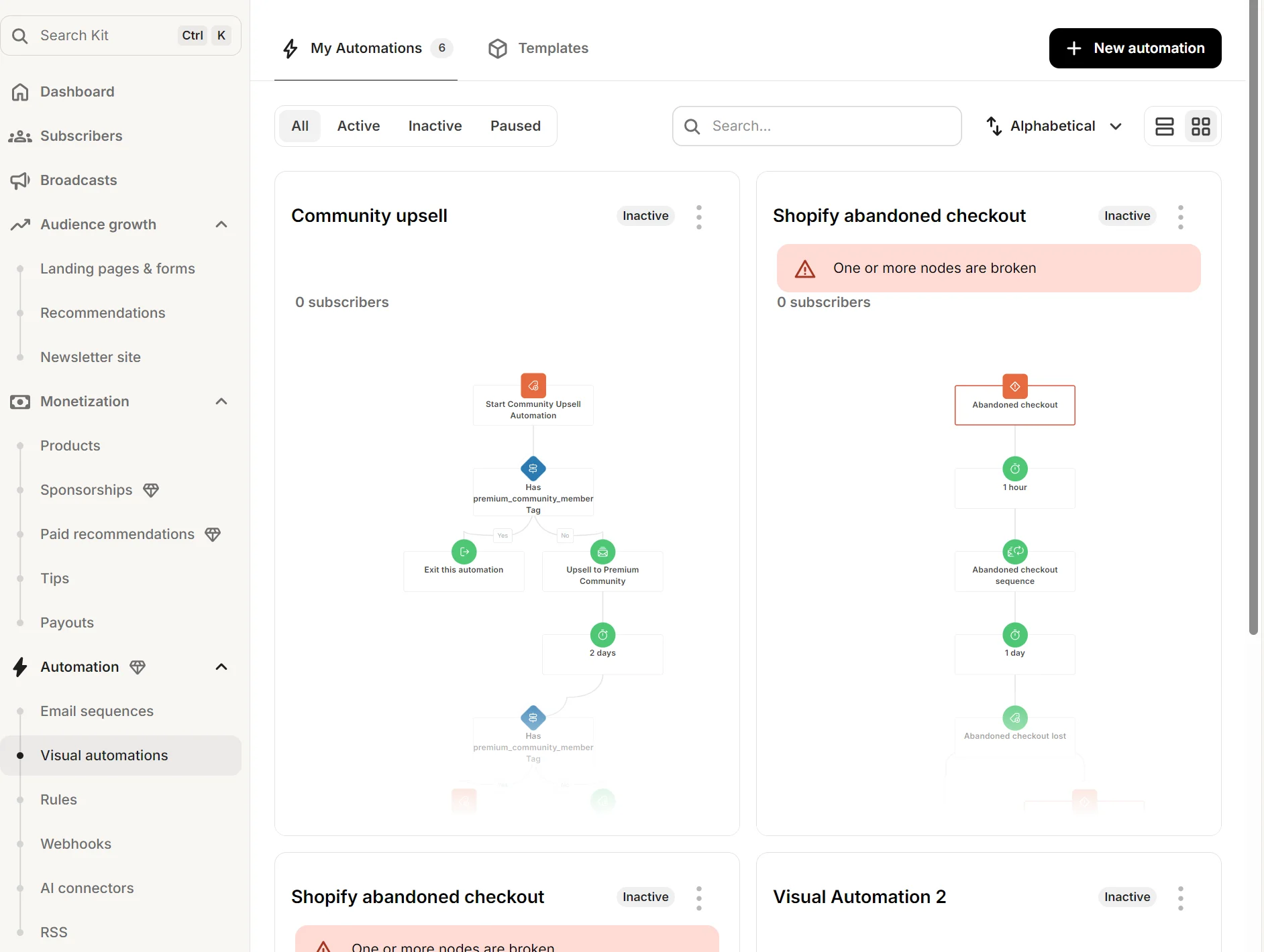 Dashboard showing email automation workflows, subscriber counts, and error notifications in a visual sequence editor.
