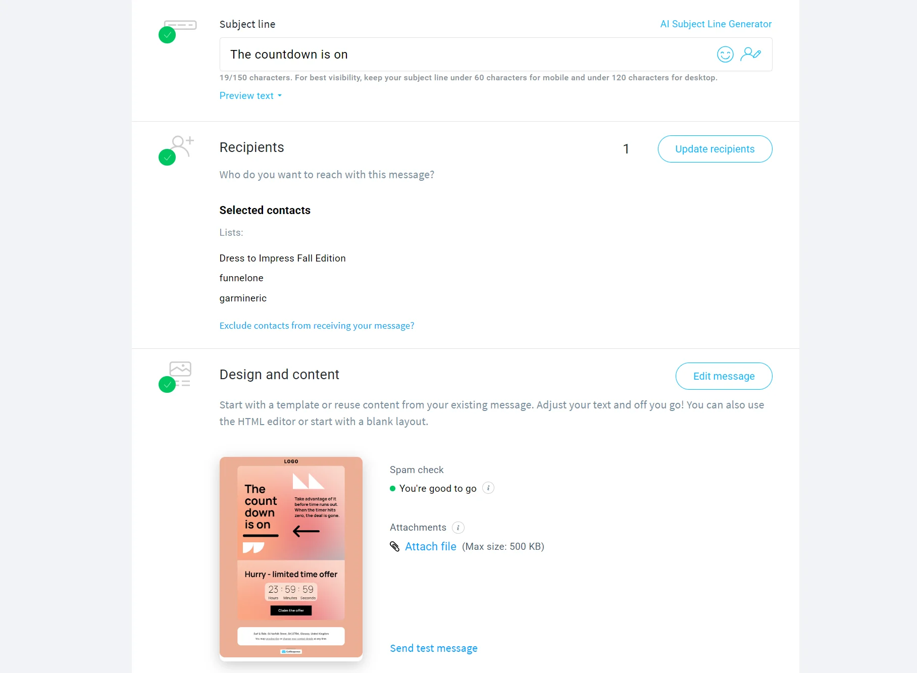 An email creation page showing subject, recipients, content editor, and a countdown-themed email preview.