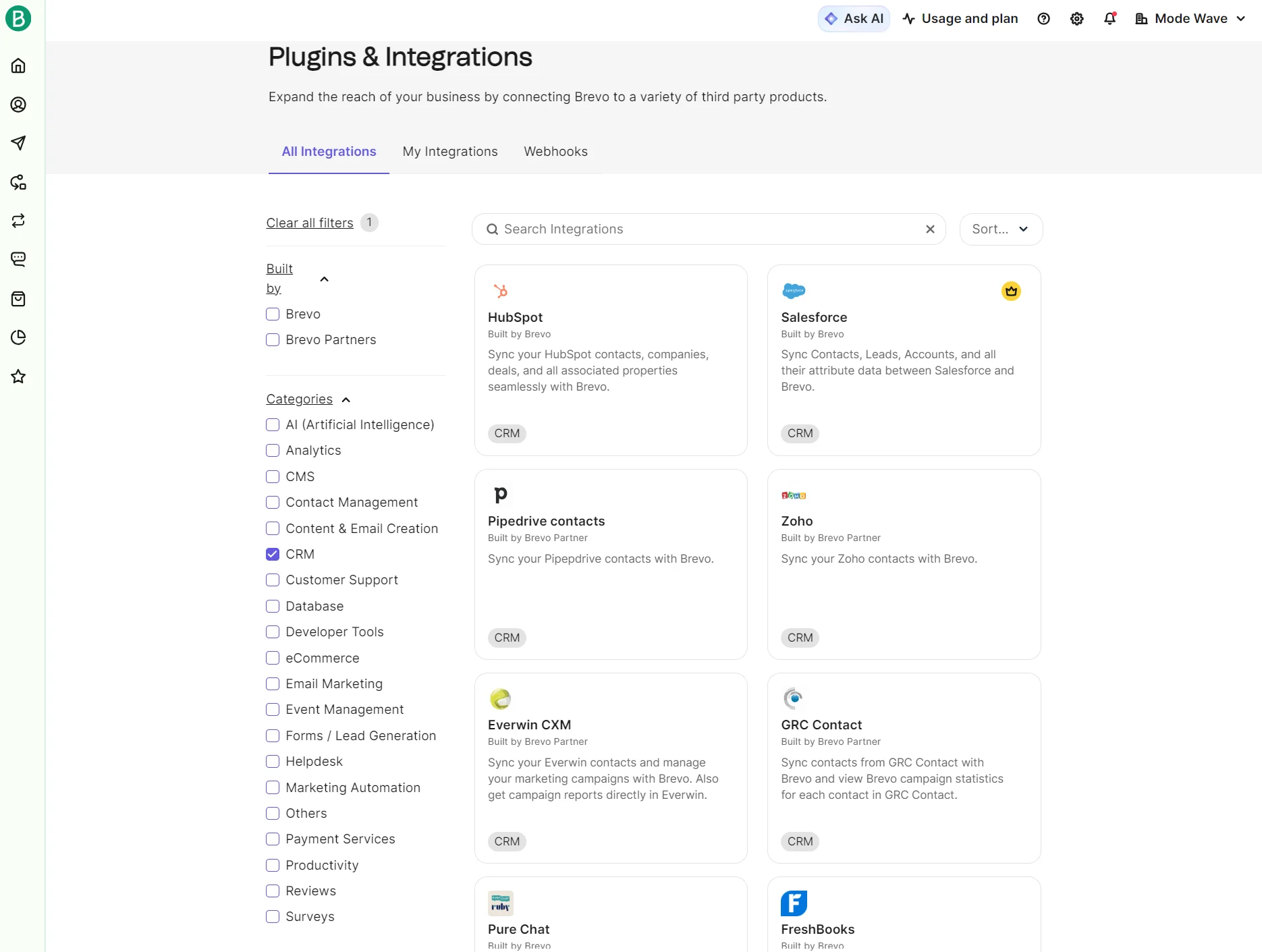 A dashboard displays integration options for CRM platforms like HubSpot, Salesforce, Zoho, and others in a grid layout.