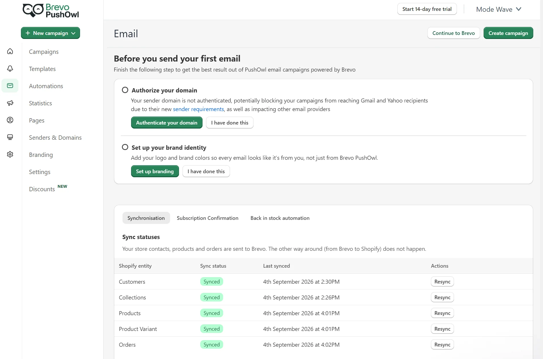Brevo PushOwl email setup page showing domain authorization, brand identity setup, and Shopify sync statuses.