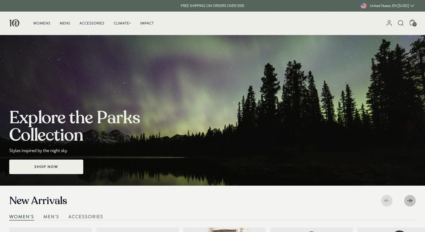 Northern lights over a forested lake with text promoting the Parks Collection and a Shop now button.